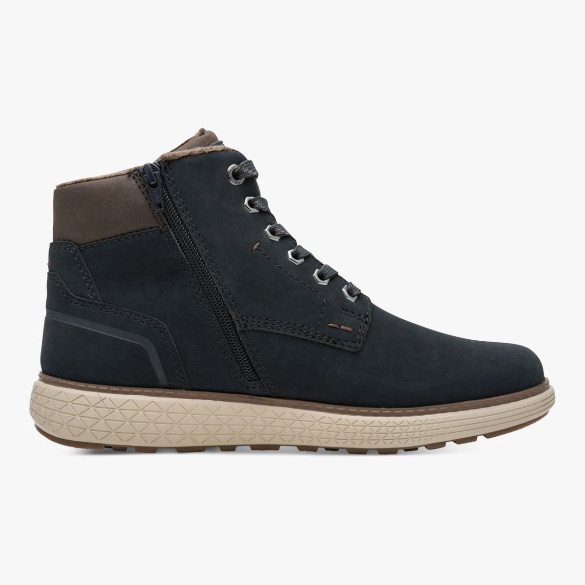 Inner side of the Marco Tozzi navy boot, showing the zip fastening.