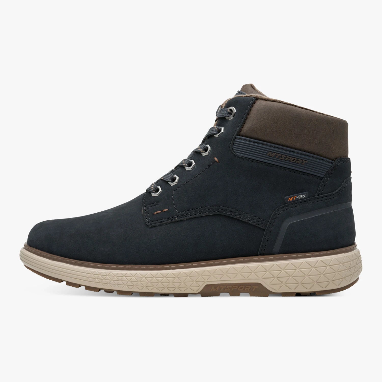 Outer side of the Marco Tozzi navy wide fit boot, showing the padded collar and contrasting sole.