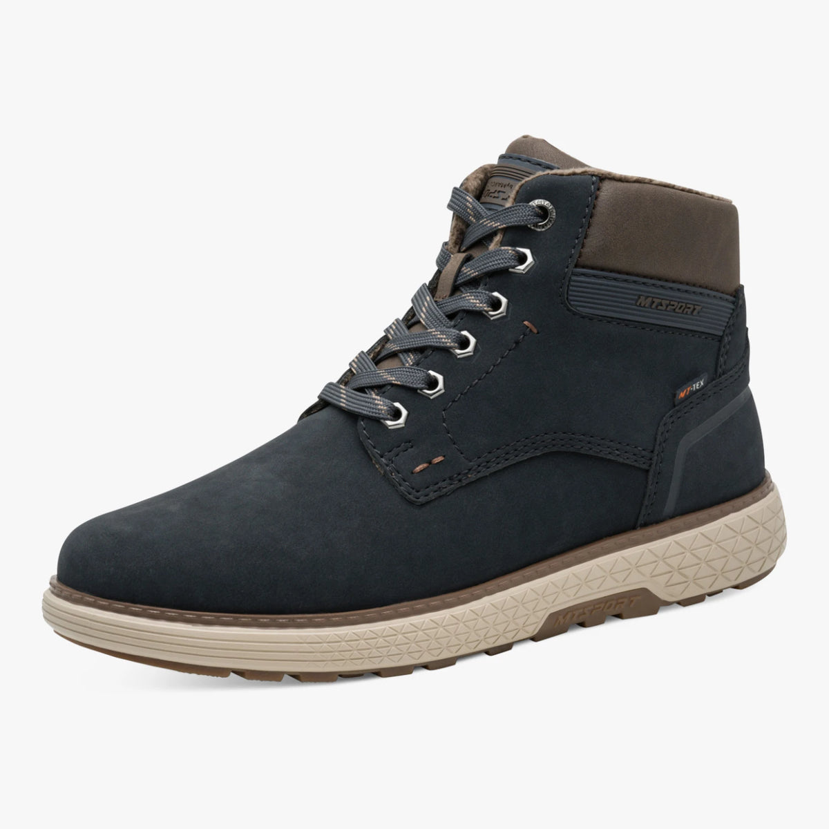 Marco Tozzi men's navy wide fit boot with a brown collar and light sole, shown at a three-quarter angle.