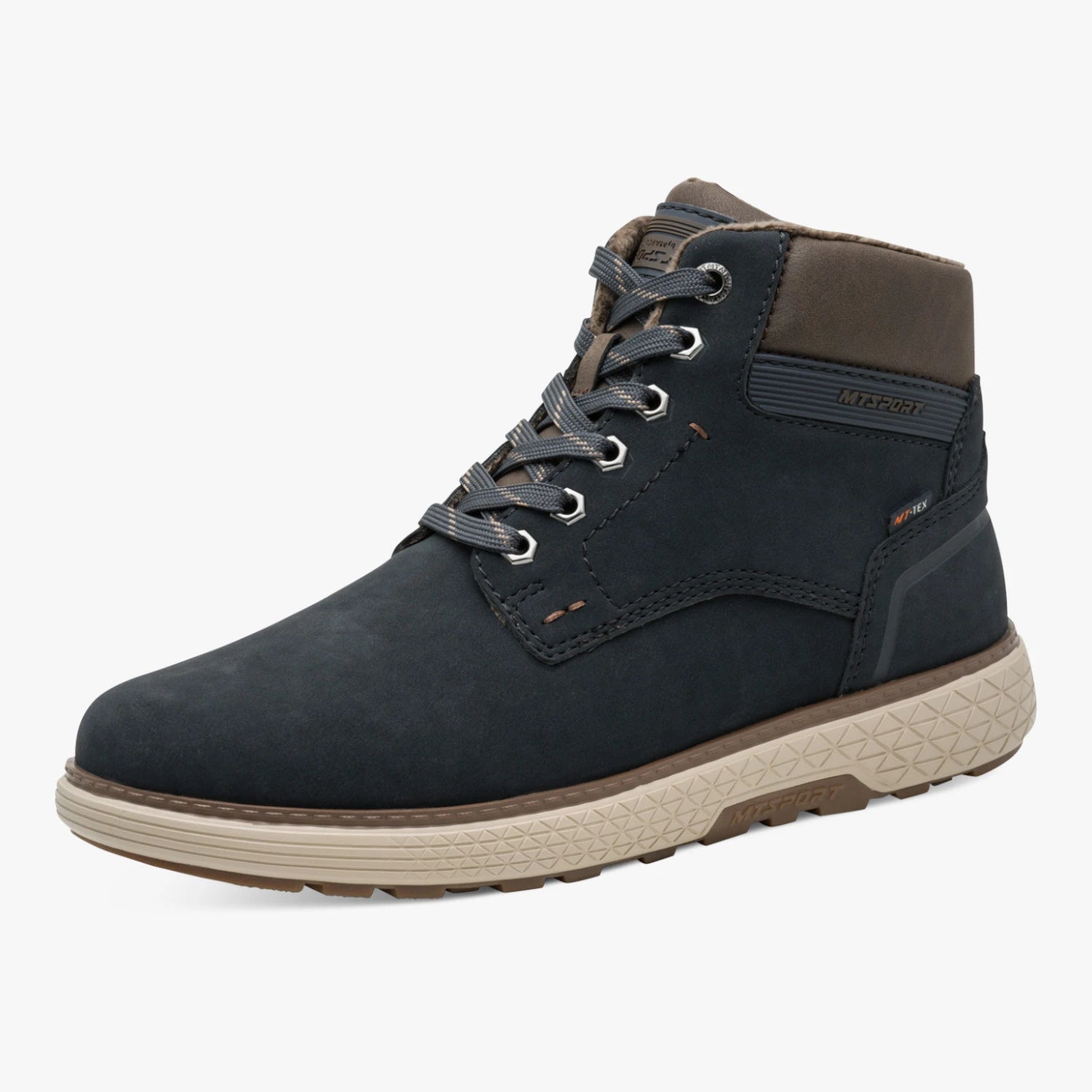 Marco Tozzi men's navy wide fit boot with a brown collar and light sole, shown at a three-quarter angle.