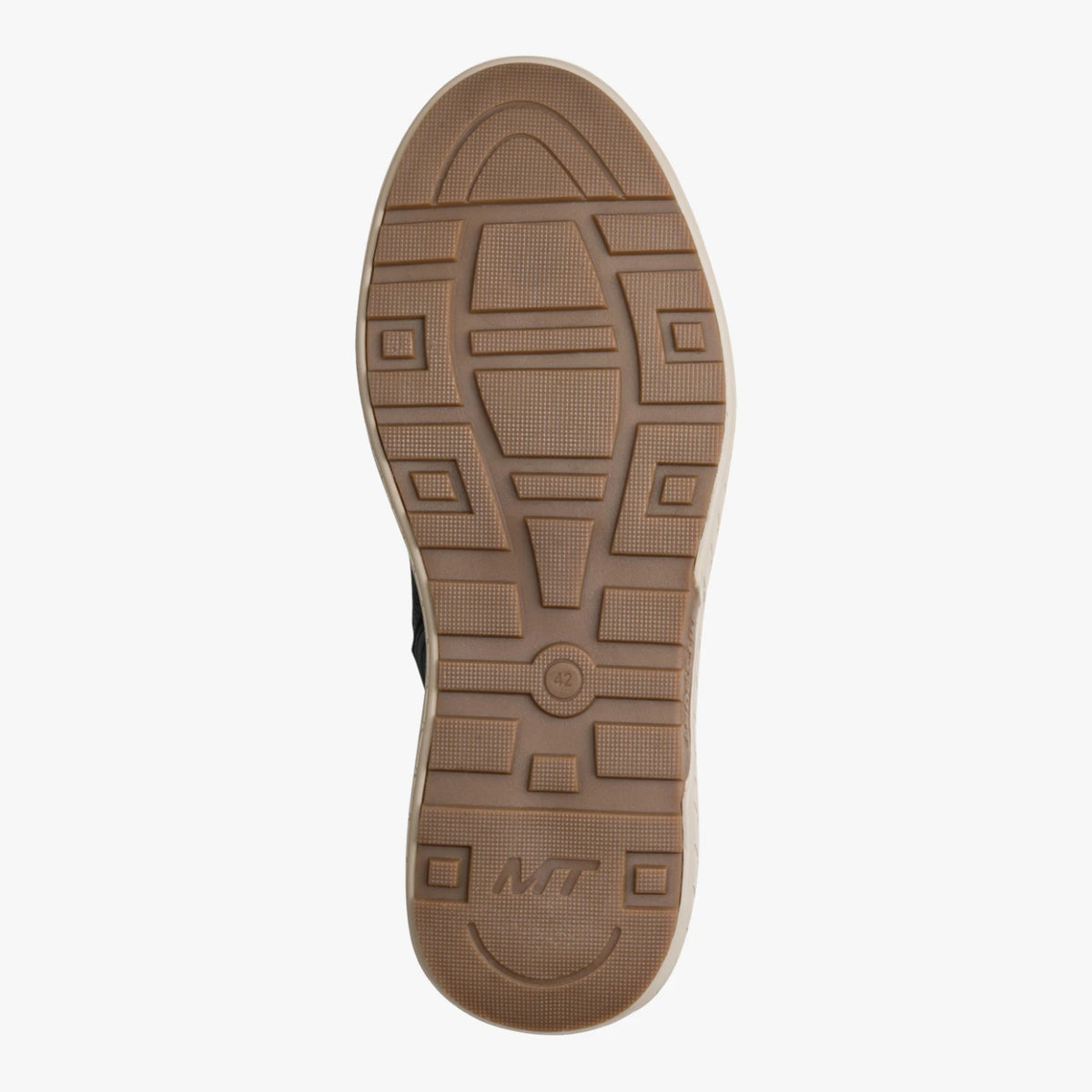 Tread pattern on the tan outsole of the Marco Tozzi navy wide fit boot.