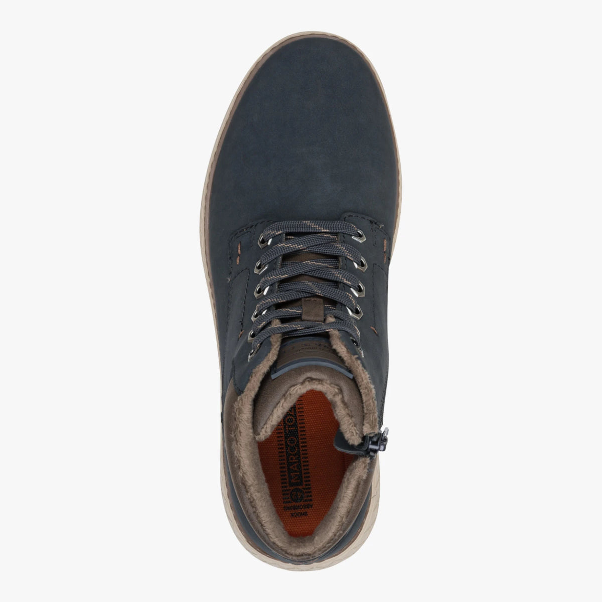 Top view of the Marco Tozzi navy boot, showing the laces and rounded toe.
