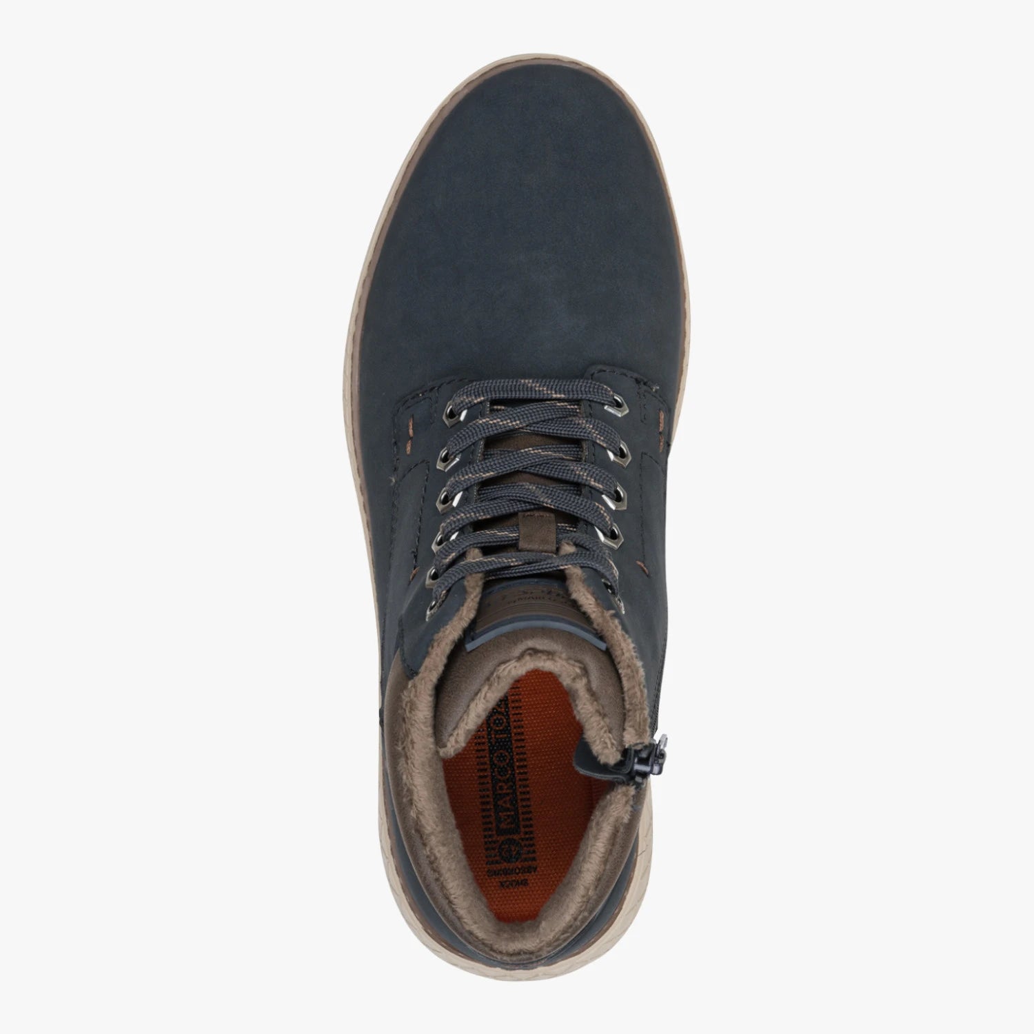 Top view of the Marco Tozzi navy boot, showing the laces and rounded toe.