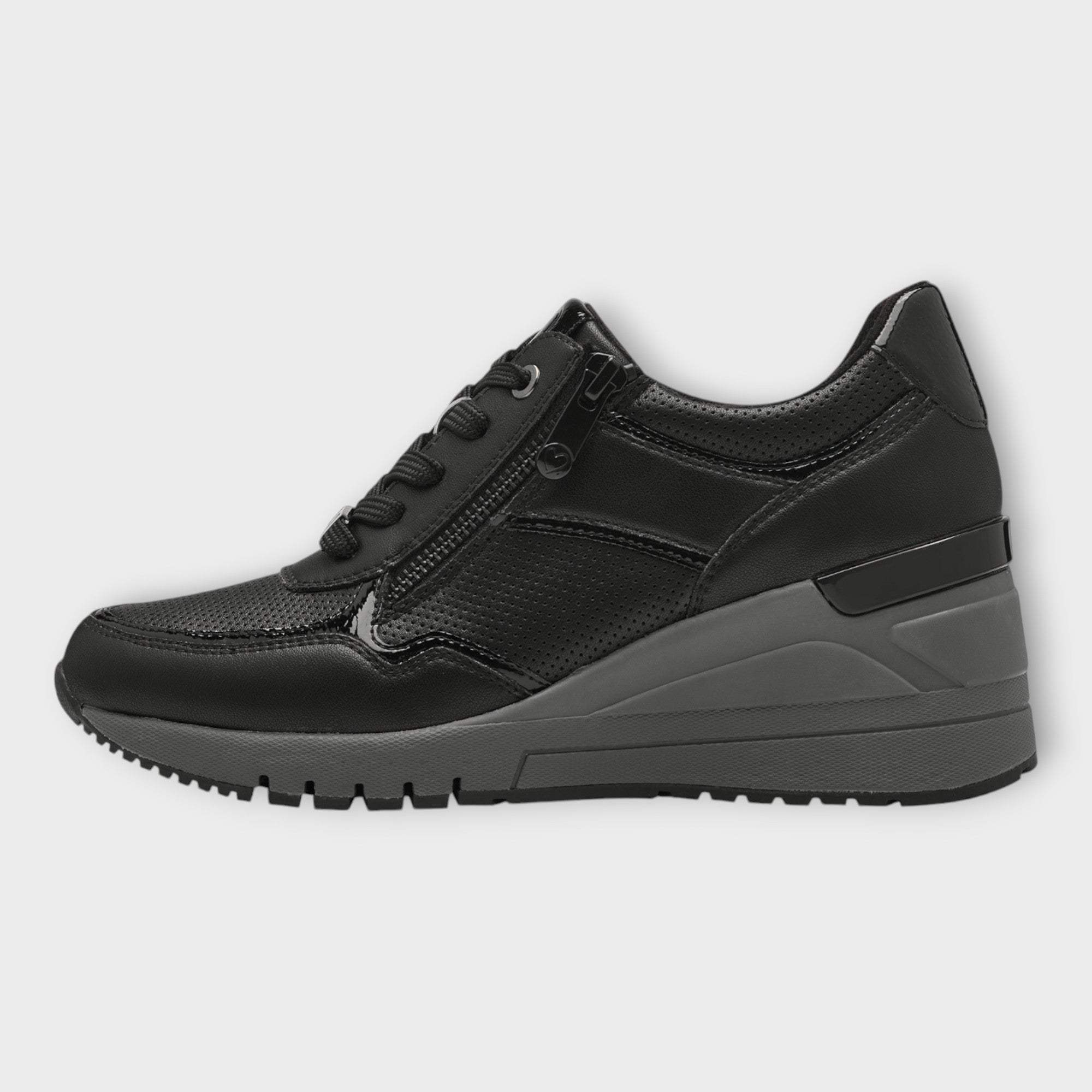 Marco Tozzi All Black Trainer-Style Shoes with Wedge Sole and Side Zip