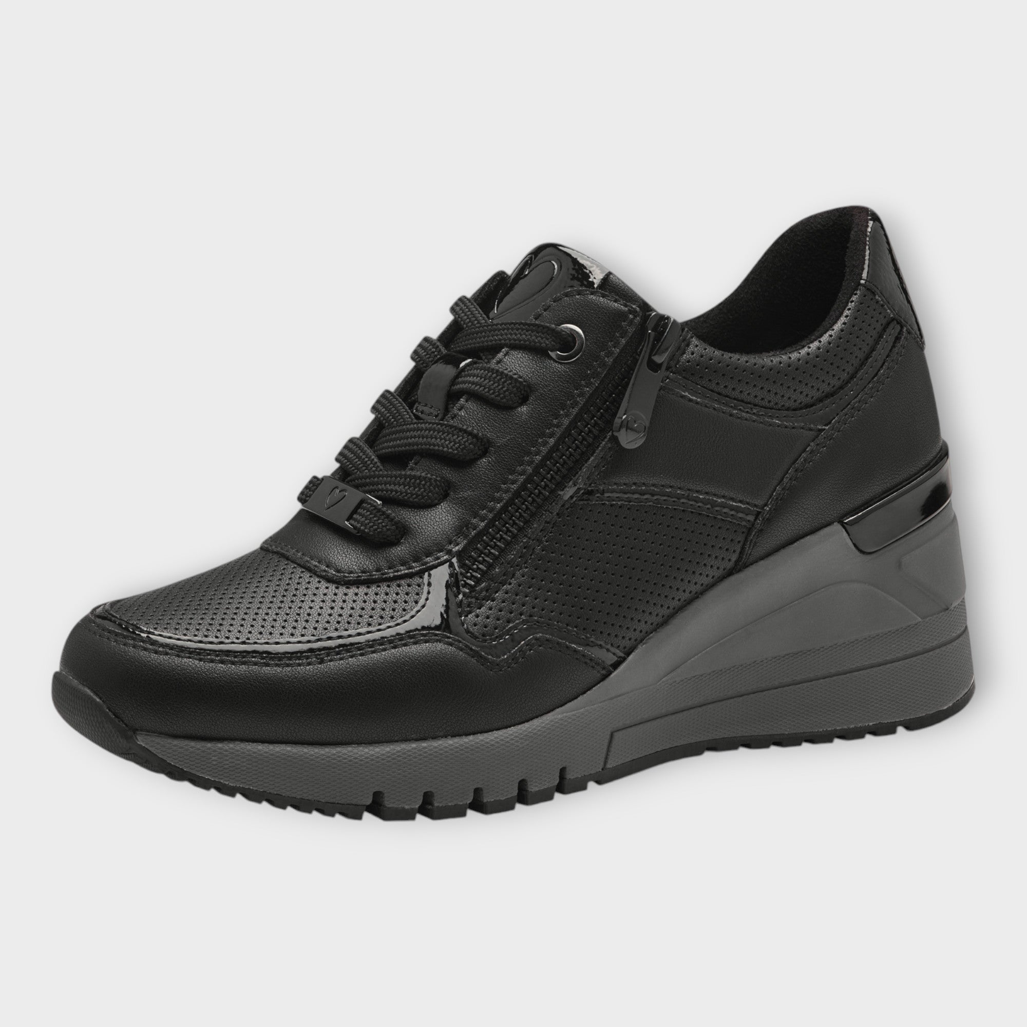 Marco Tozzi All Black Trainer-Style Shoes with Wedge Sole and Side Zip