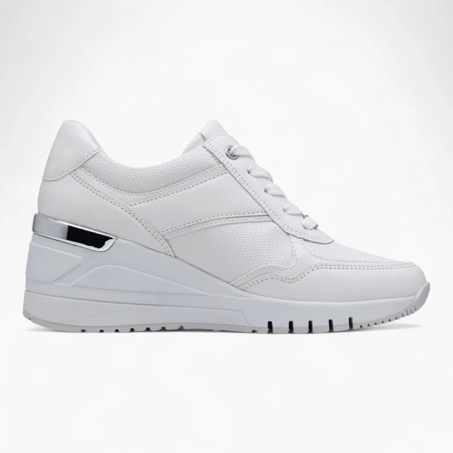 Marco Tozzi All-White Runner – Wedge Sole & Silver Zipper - Leavys Shoes