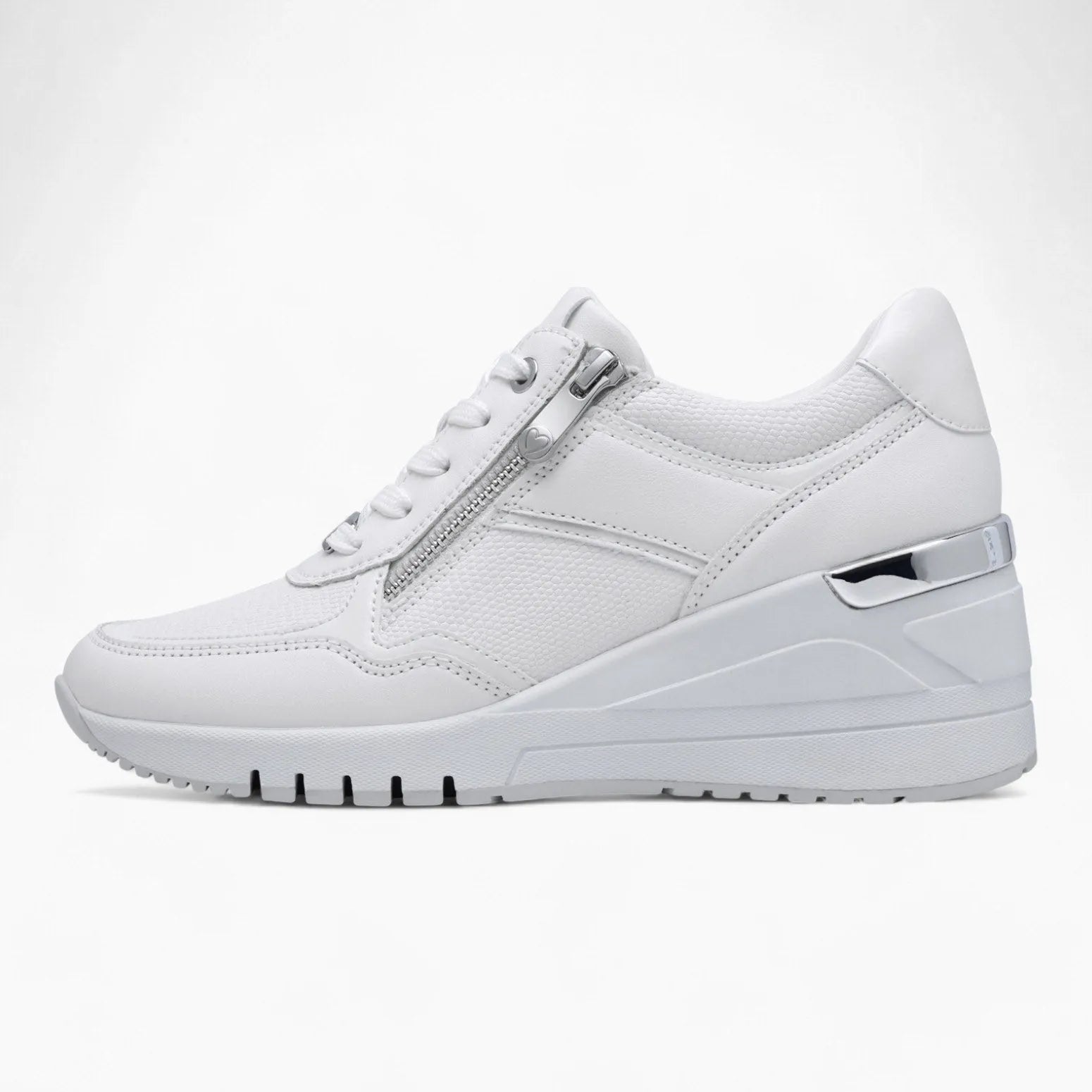 Marco Tozzi All-White Runner – Wedge Sole & Silver Zipper - Leavys Shoes