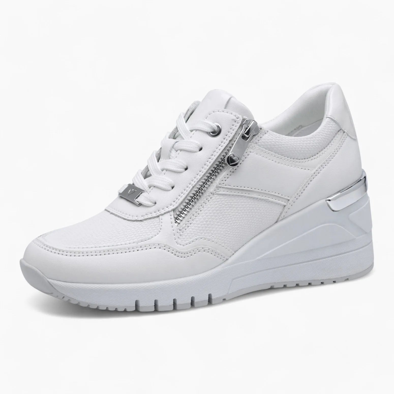 Marco Tozzi All-White Runner – Wedge Sole & Silver Zipper - Leavys Shoes