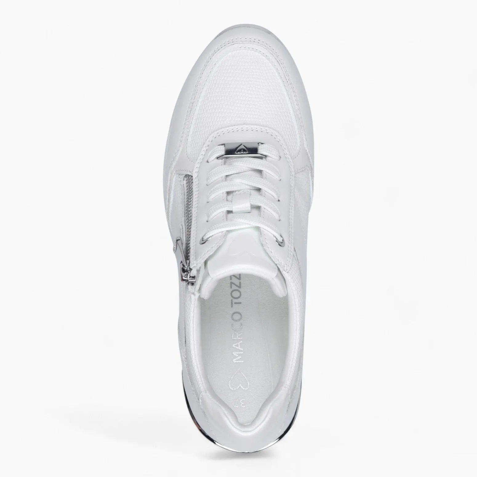 Marco Tozzi All-White Runner – Wedge Sole & Silver Zipper - Leavys Shoes
