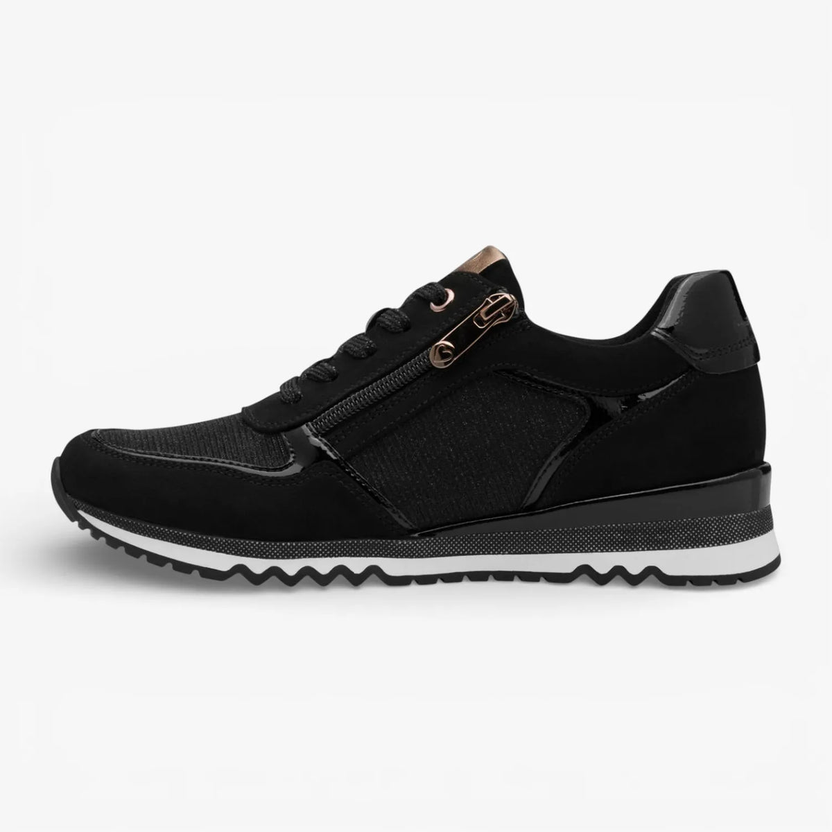 Marco Tozzi Black/Copper Lace-Up Trainer (Vegan) – Zip &amp; Removable Footbed
