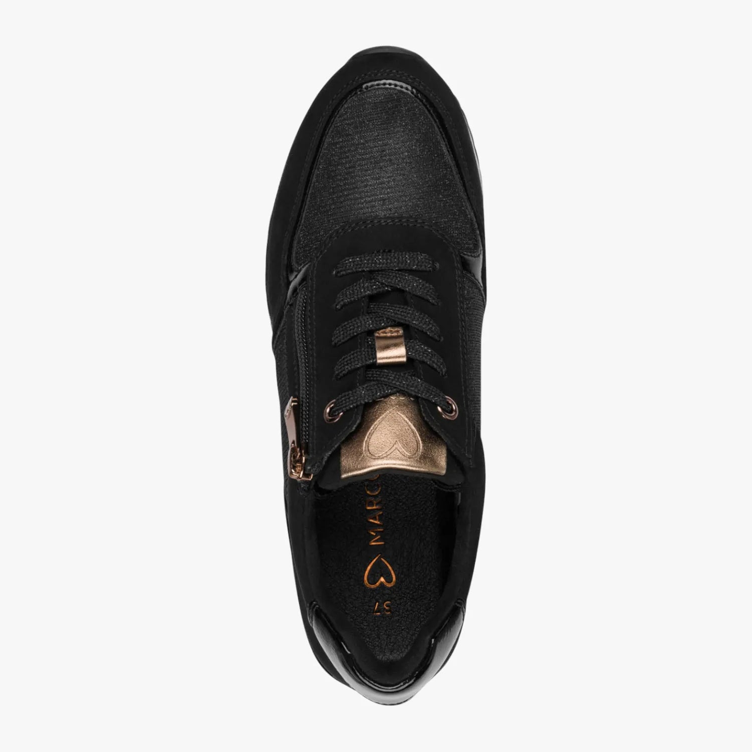 Marco Tozzi Black/Copper Lace-Up Trainer (Vegan) – Zip & Removable Footbed
