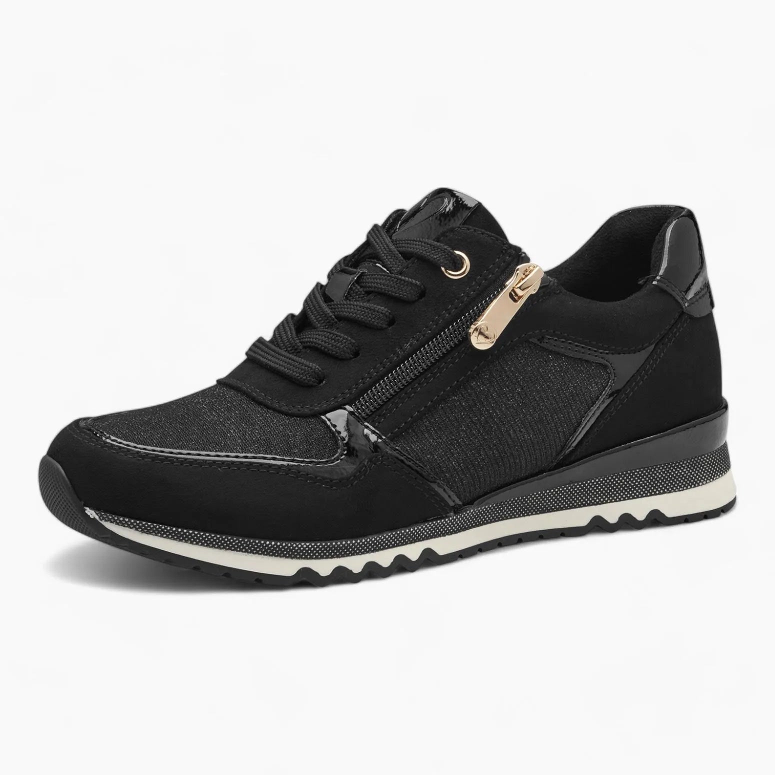 Marco Tozzi All-Black Runner – Dressy with Gold Zipper - Leavys Shoes