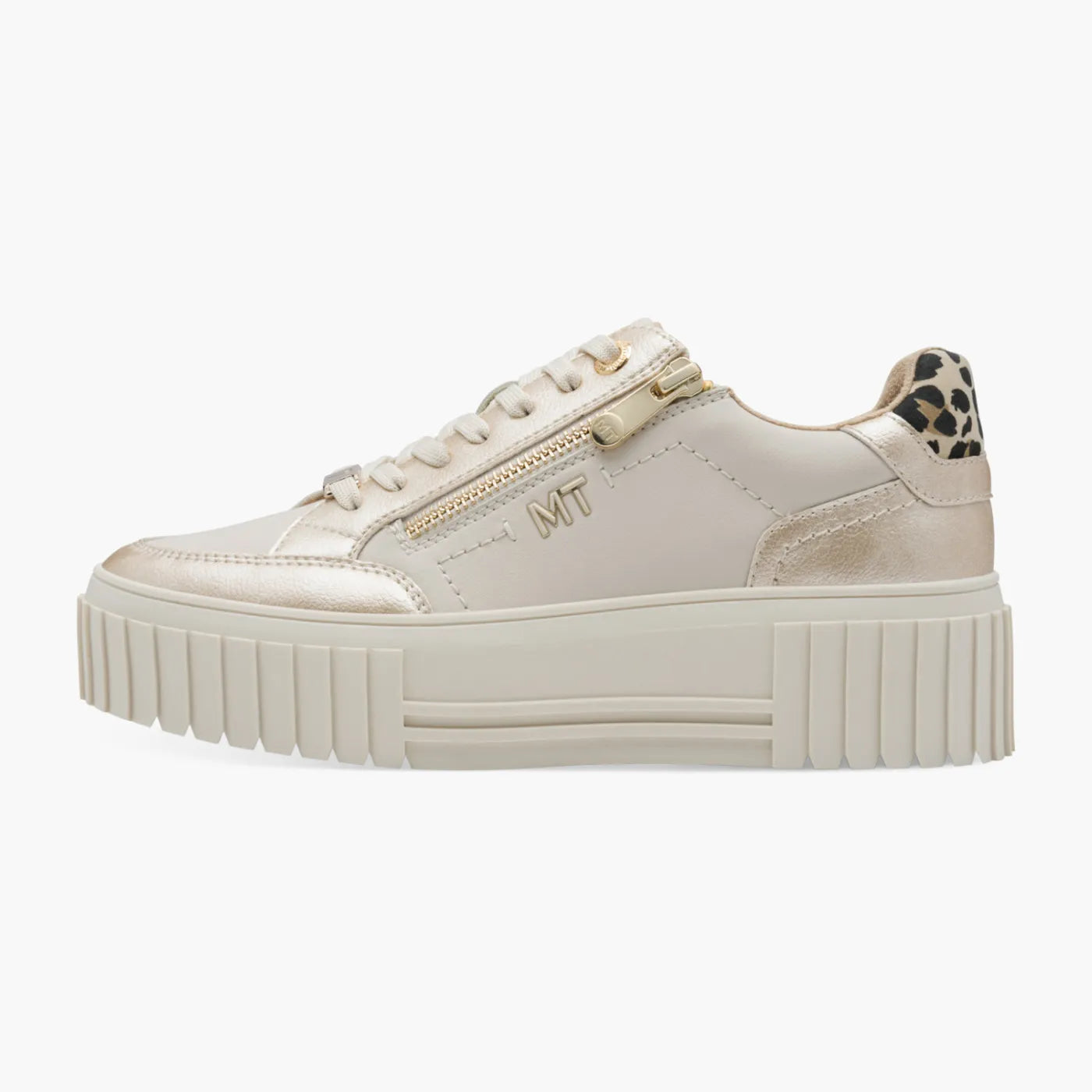Marco Tozzi Cream Lace-Up Platform Trainer with Gold Zip - Leavys Shoes