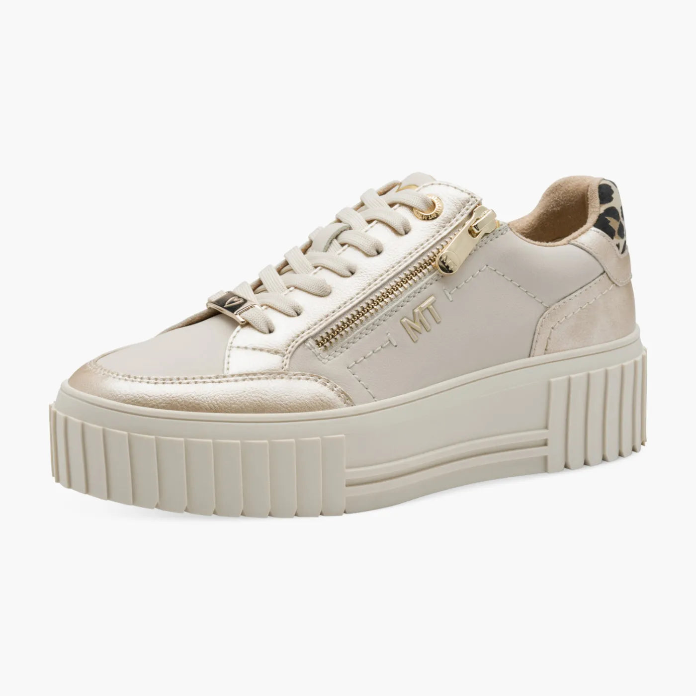 Marco Tozzi Cream Lace-Up Platform Trainer with Gold Zip - Leavys Shoes