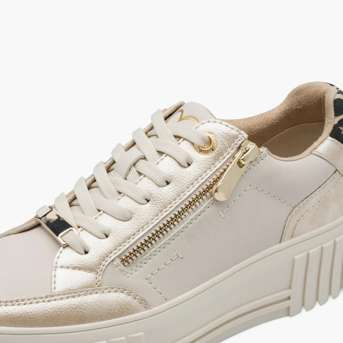 Marco Tozzi Cream Lace-Up Platform Trainer with Gold Zip - Leavys Shoes