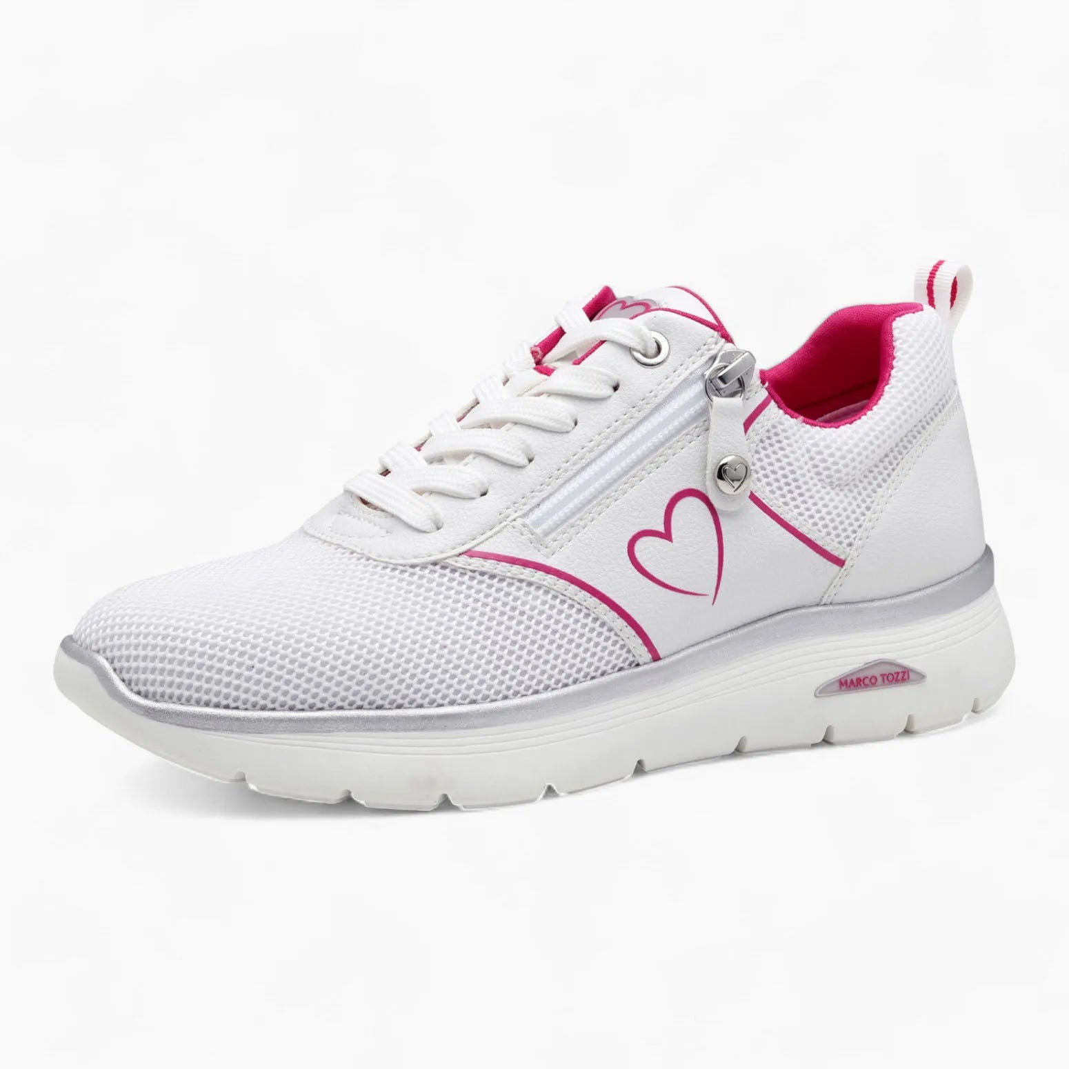 Marco Tozzi White Trainers with Pink Heart & Zip Detail - Leavys Shoes