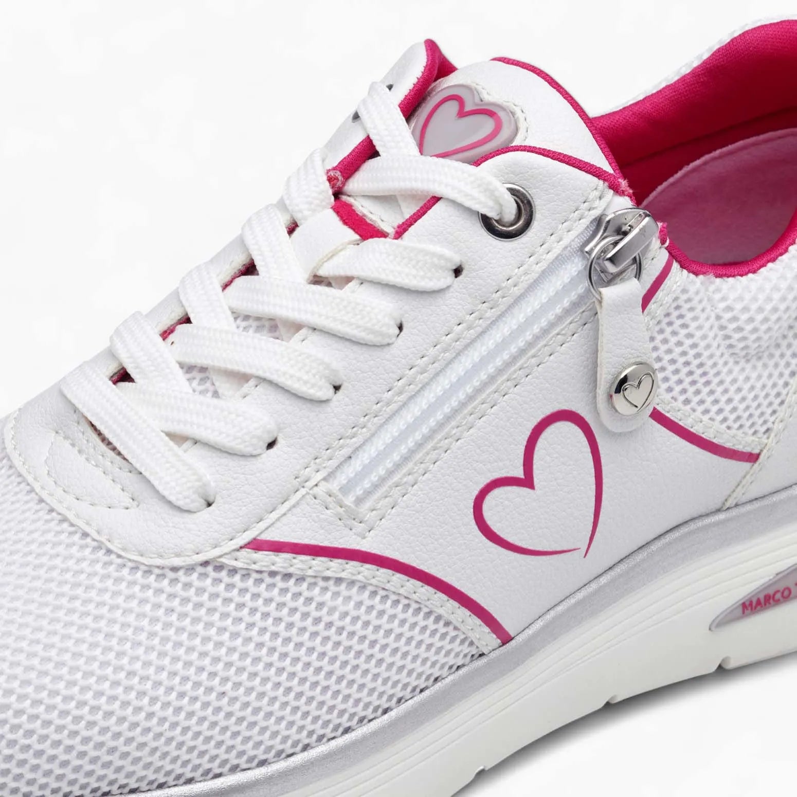 Marco Tozzi White Trainers with Pink Heart & Zip Detail - Leavys Shoes