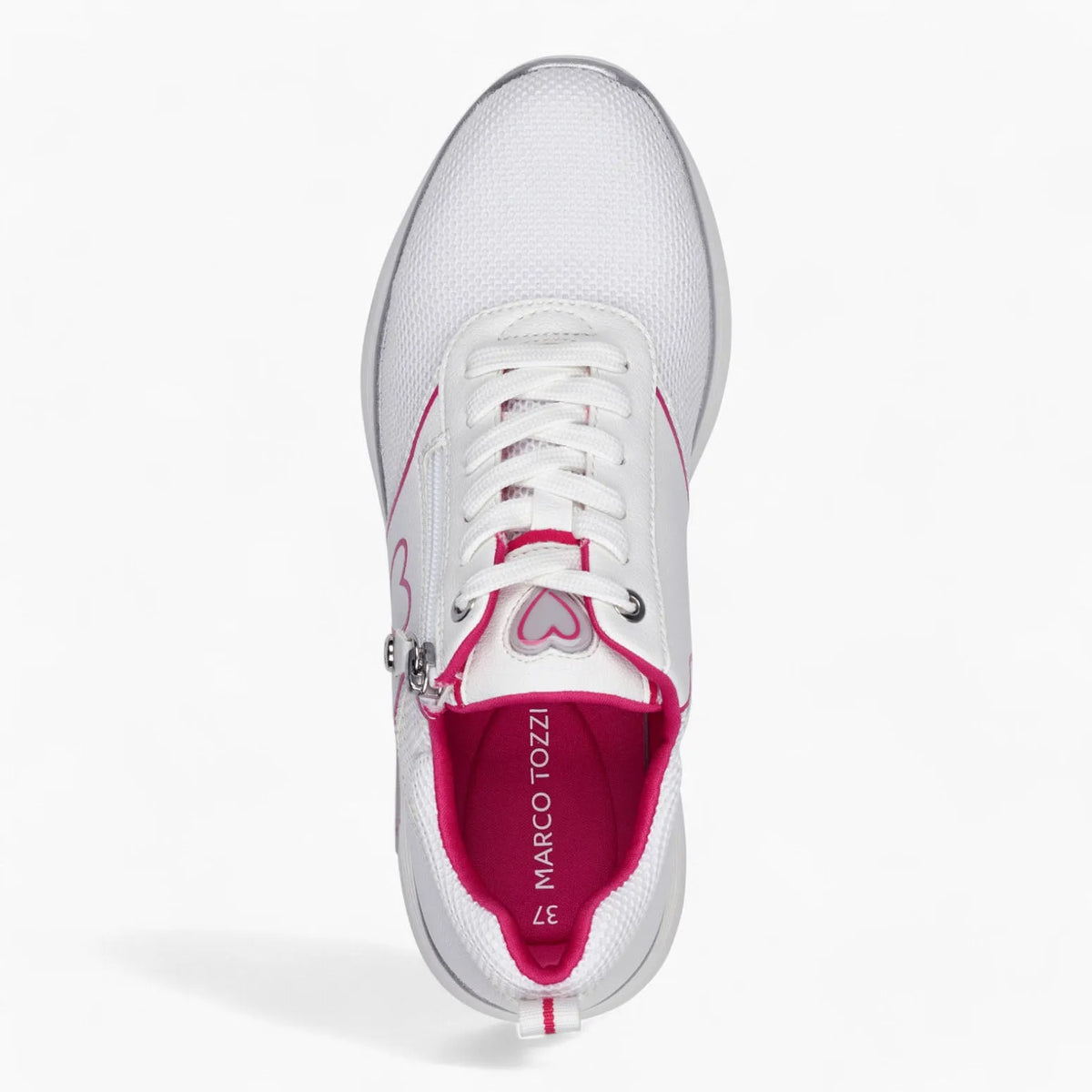 Marco Tozzi White Trainers with Pink Heart & Zip Detail - Leavys Shoes