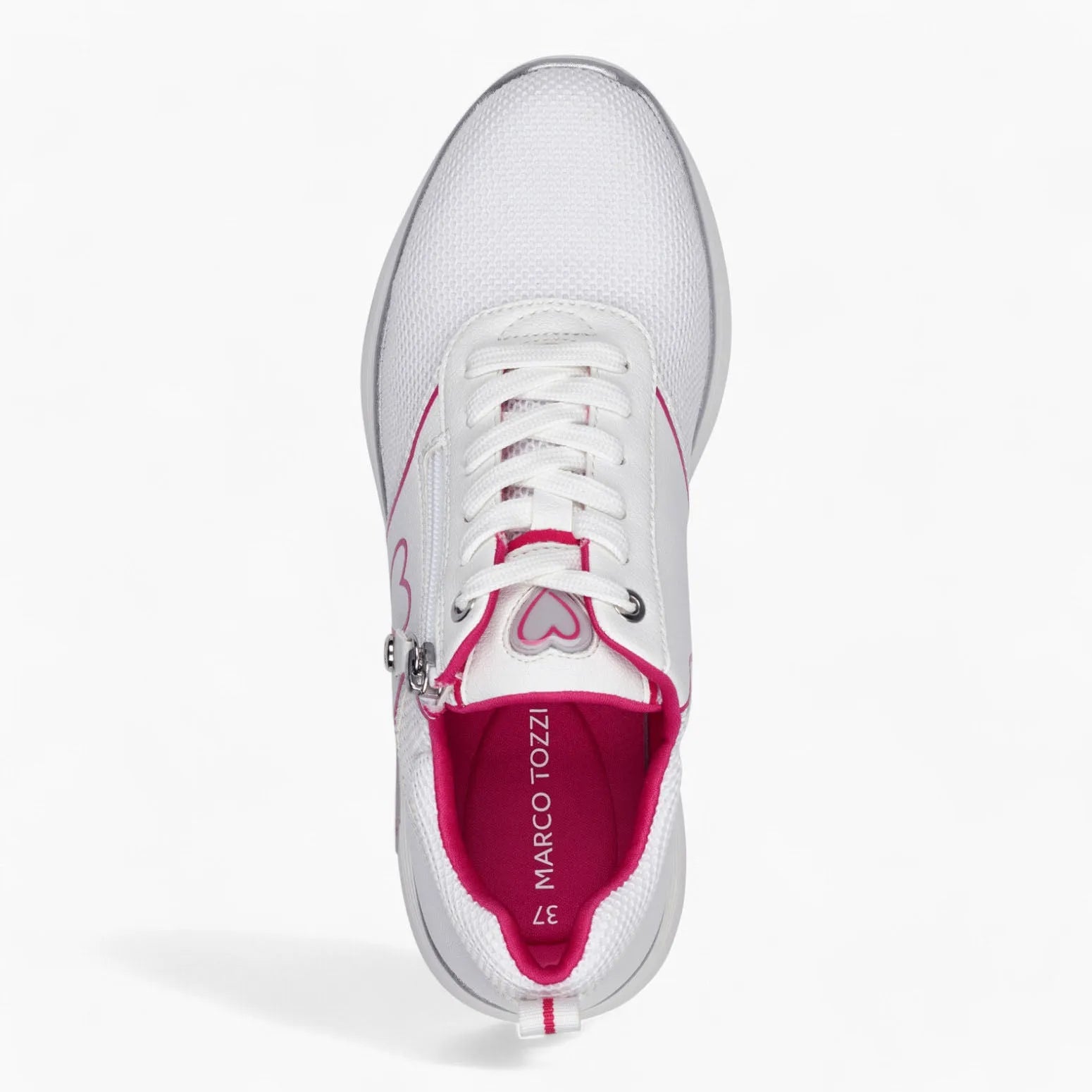 Marco Tozzi White Trainers with Pink Heart & Zip Detail - Leavys Shoes