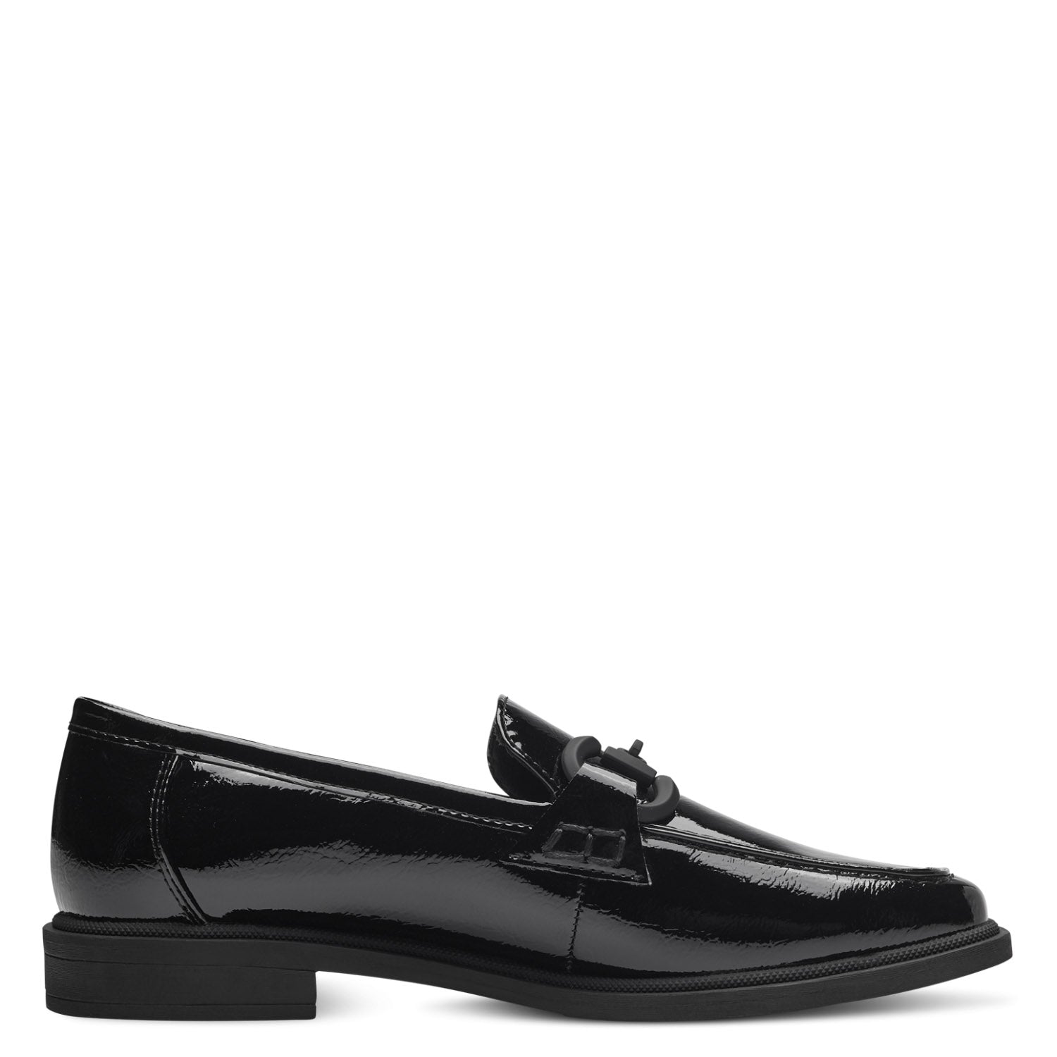 Marco Tozzi Vegan Black Patent Loafers with Chain Detail - Leavys Shoes