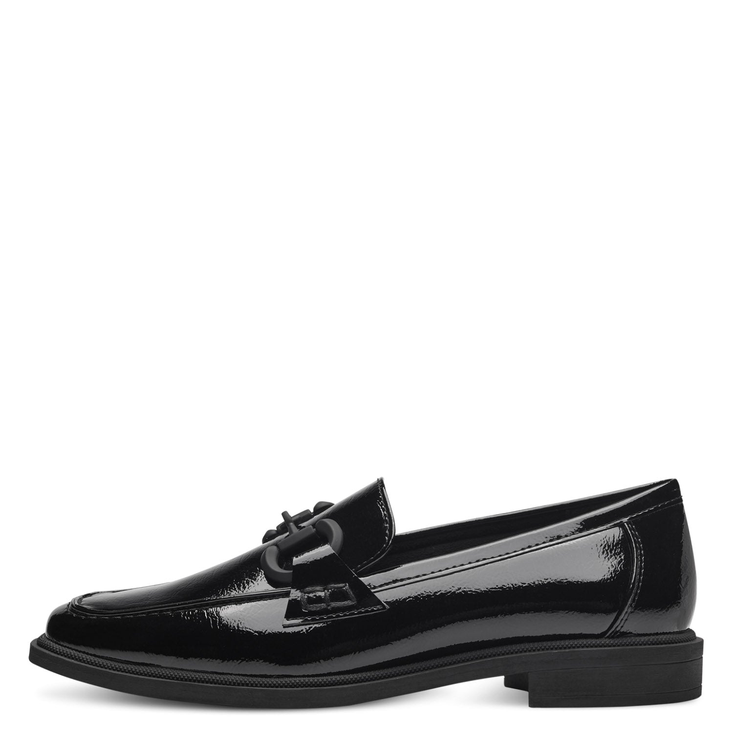 Marco Tozzi Vegan Black Patent Loafers with Chain Detail - Leavys Shoes