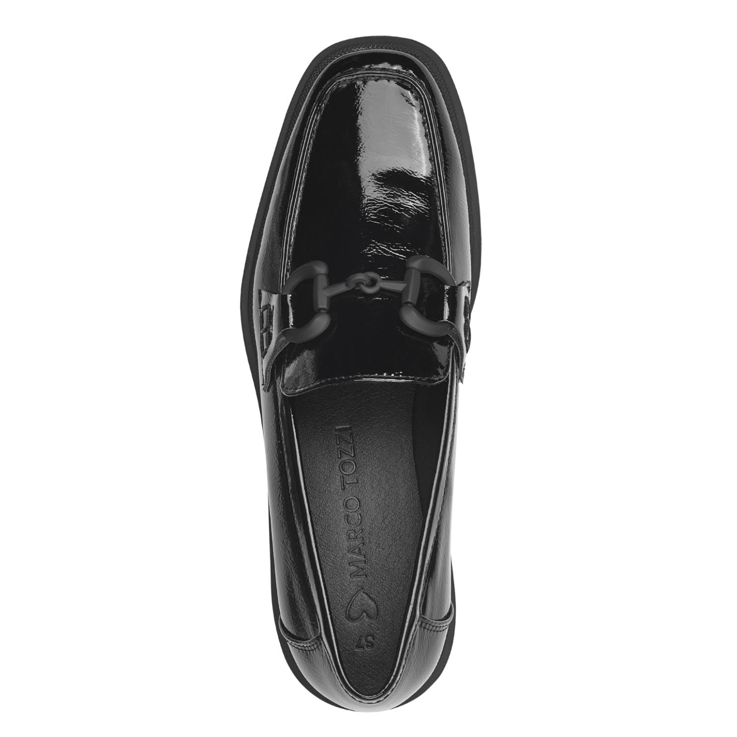 Marco Tozzi Vegan Black Patent Loafers with Chain Detail - Leavys Shoes