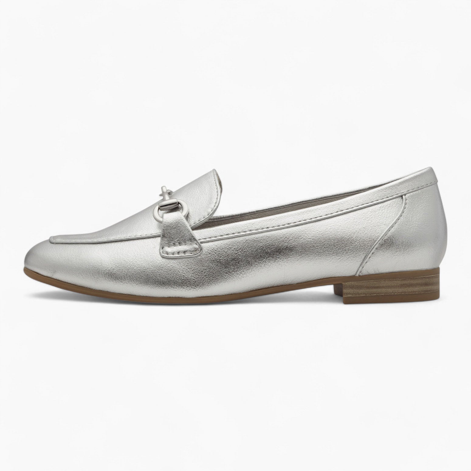 Marco Tozzi Metallic Silver Loafers – Vegan, Cushioned Comfort