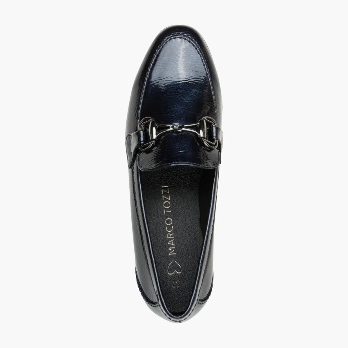 Marco Tozzi Navy Patent Loafer with Bit Detail - Leavys Shoes