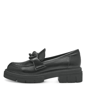 Frontal view of Marco Tozzi black loafer.
