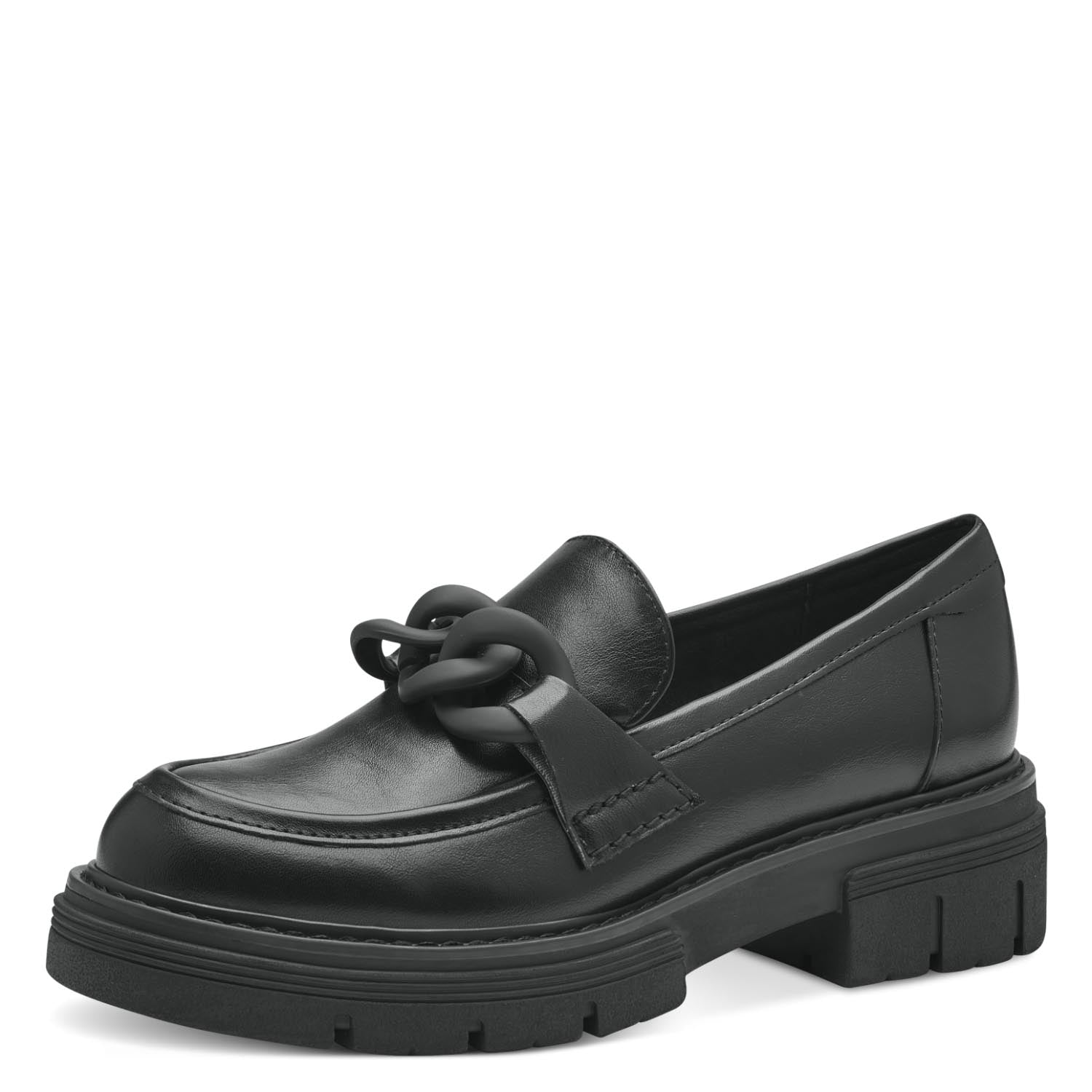 Diagonal perspective of Marco Tozzi black loafer.
