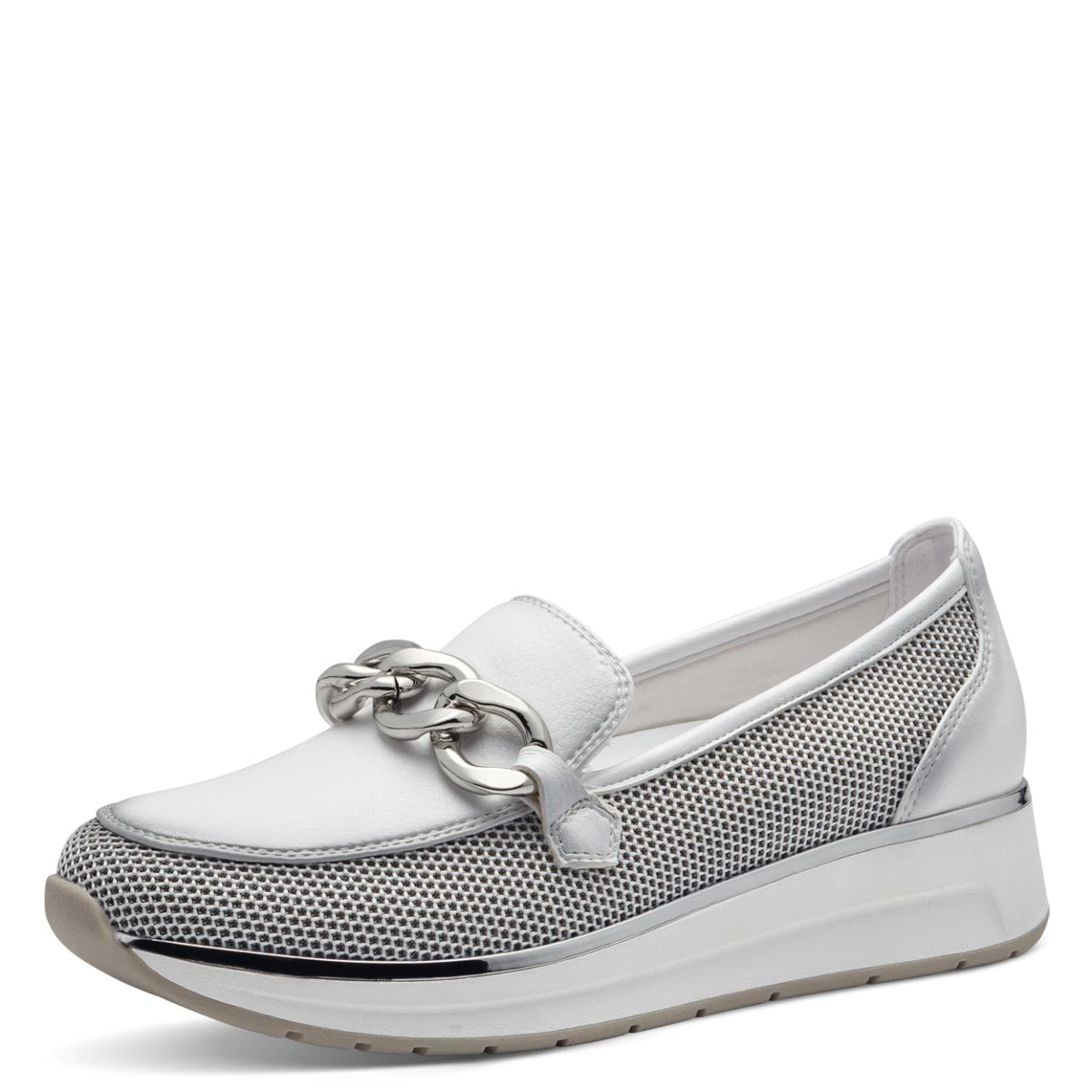 Marco Tozzi White Loafer with Silver Chain Detail and Wedge Sole