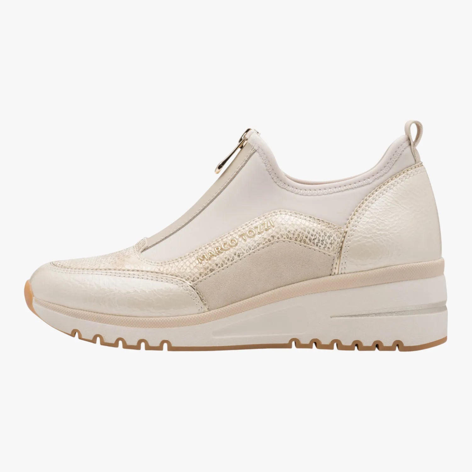 Marco Tozzi Cream Zip Trainer with Wedge Heel