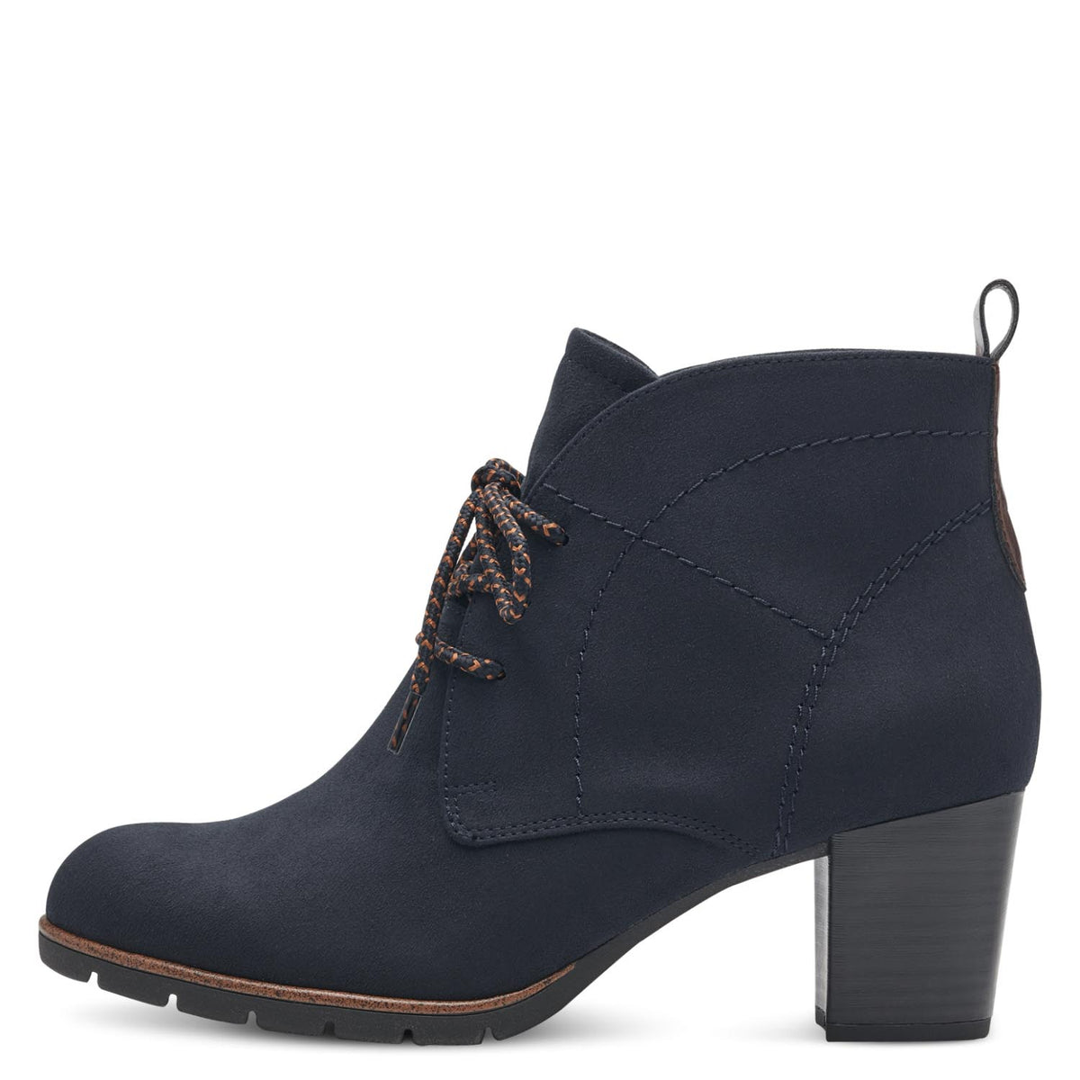 Front view of Marco Tozzi navy ankle boot.