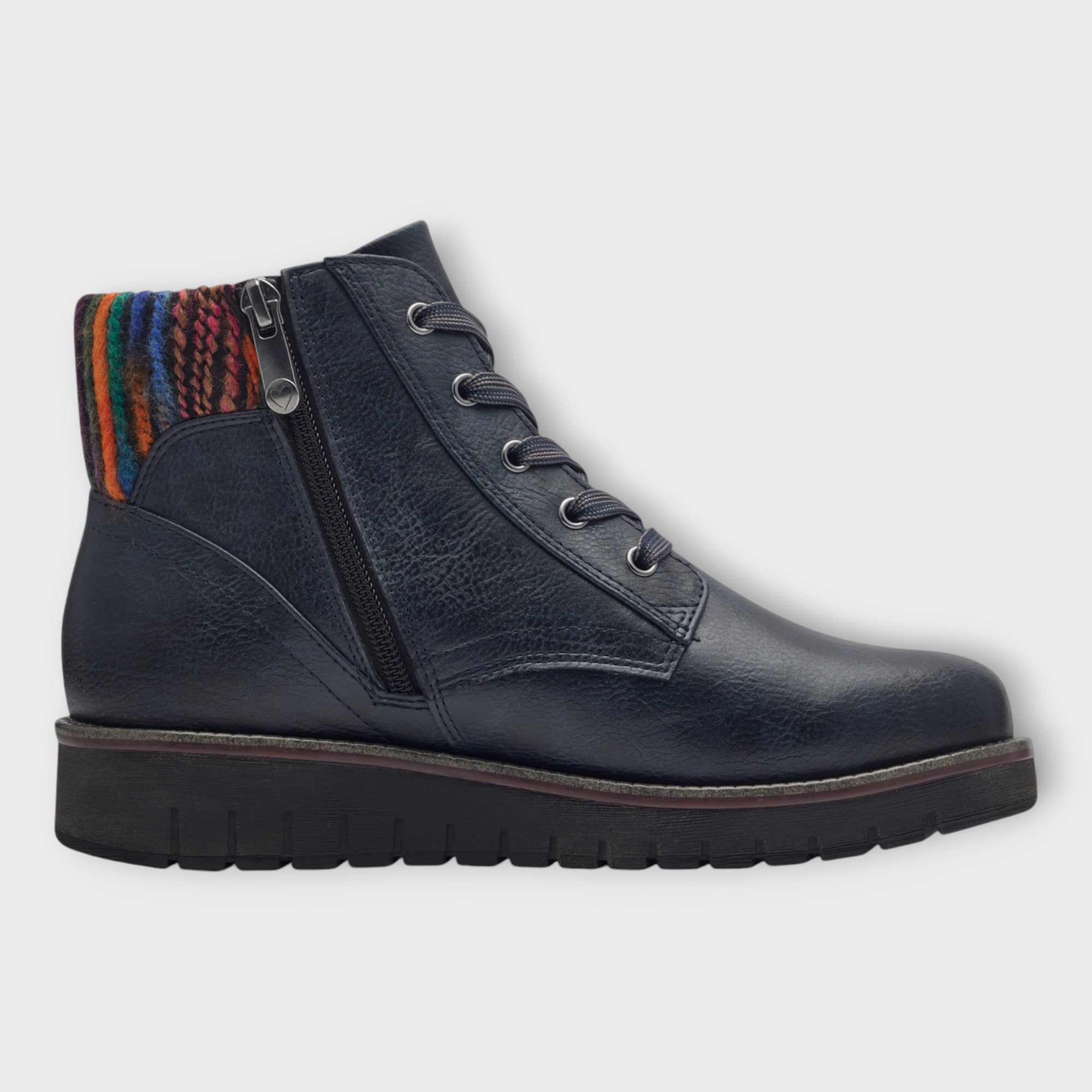 Marco Tozzi Navy Ankle Boots with Wedge Sole and Multicoloured Detail