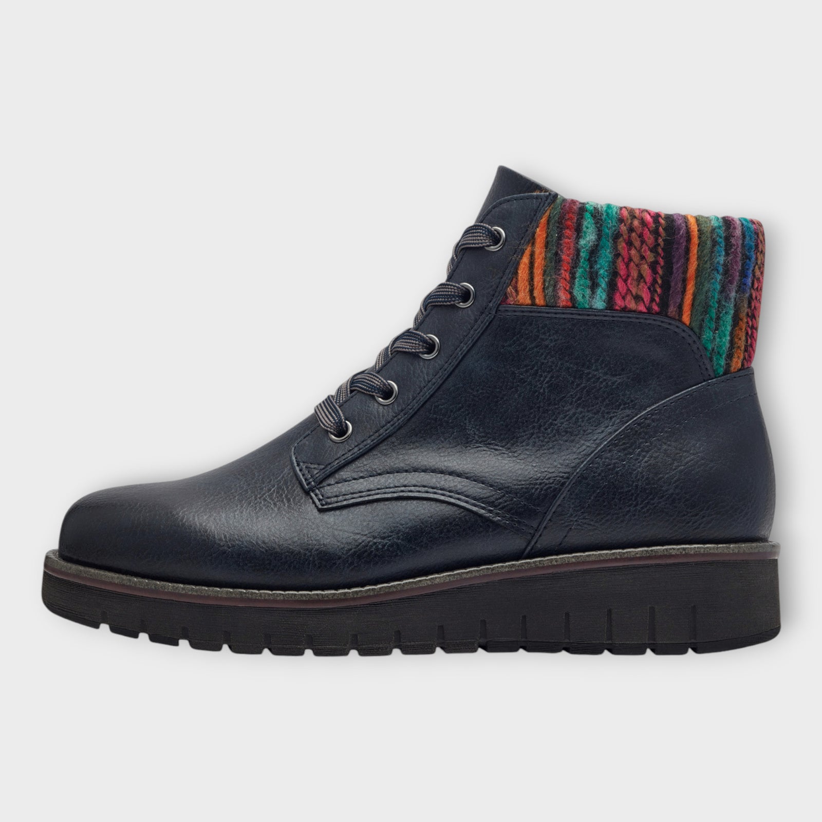 Marco Tozzi Navy Ankle Boots with Wedge Sole and Multicoloured Detail