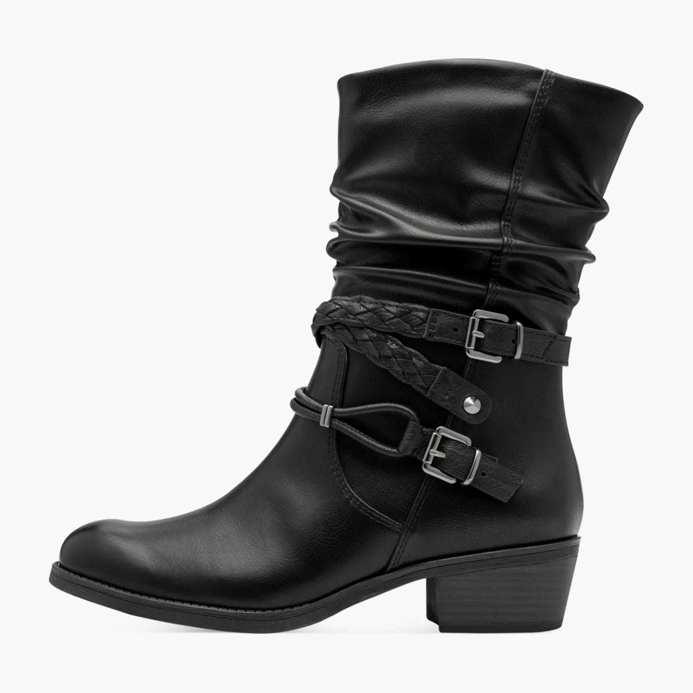 Marco Tozzi Black Mid-Calf Boots with Braided Strap - Leavys Shoes