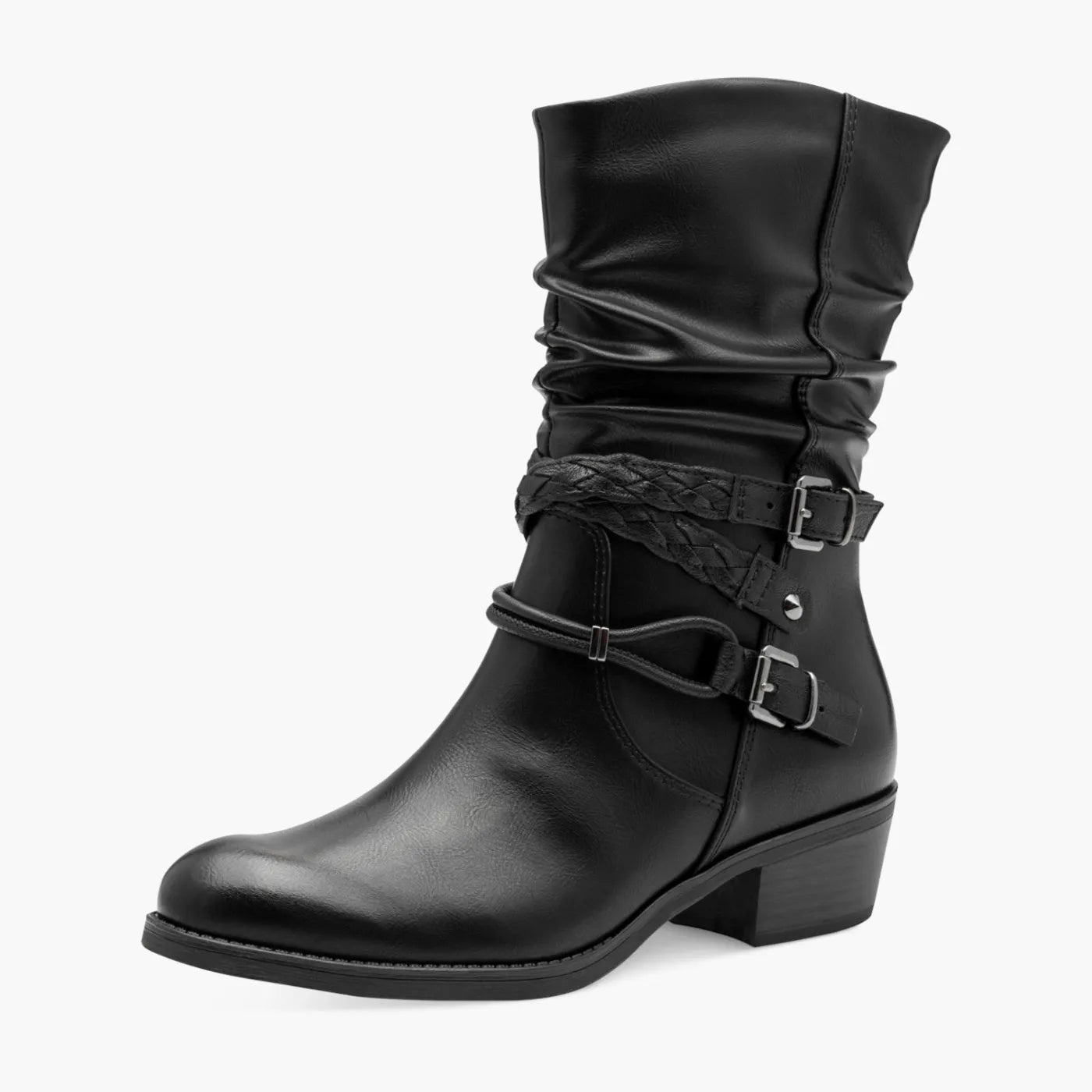 Marco Tozzi Black Mid-Calf Boots with Braided Strap - Leavys Shoes