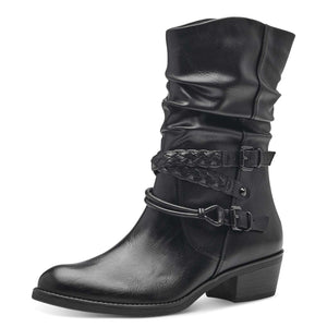 Angled view of the Marco Tozzi Black Boot displaying its wrap around straps.