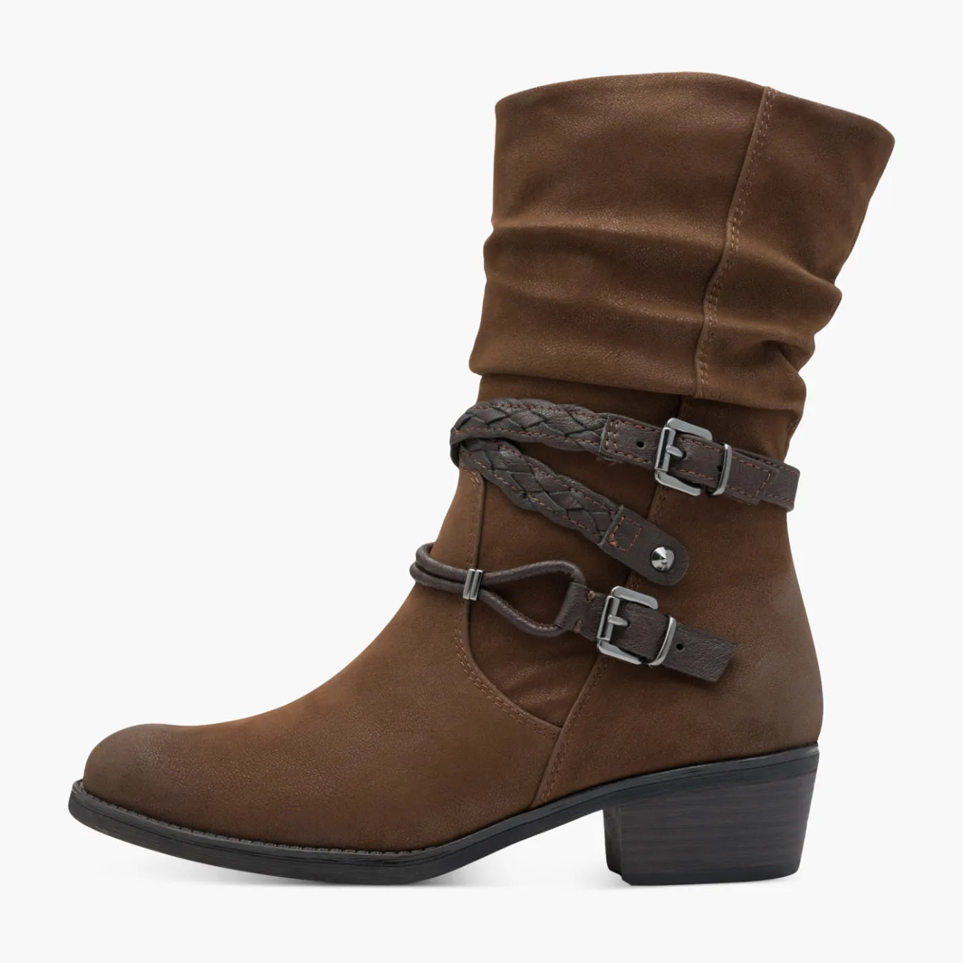 Marco Tozzi Brown Slouch Boots with Buckle Detail - Leavys Shoes