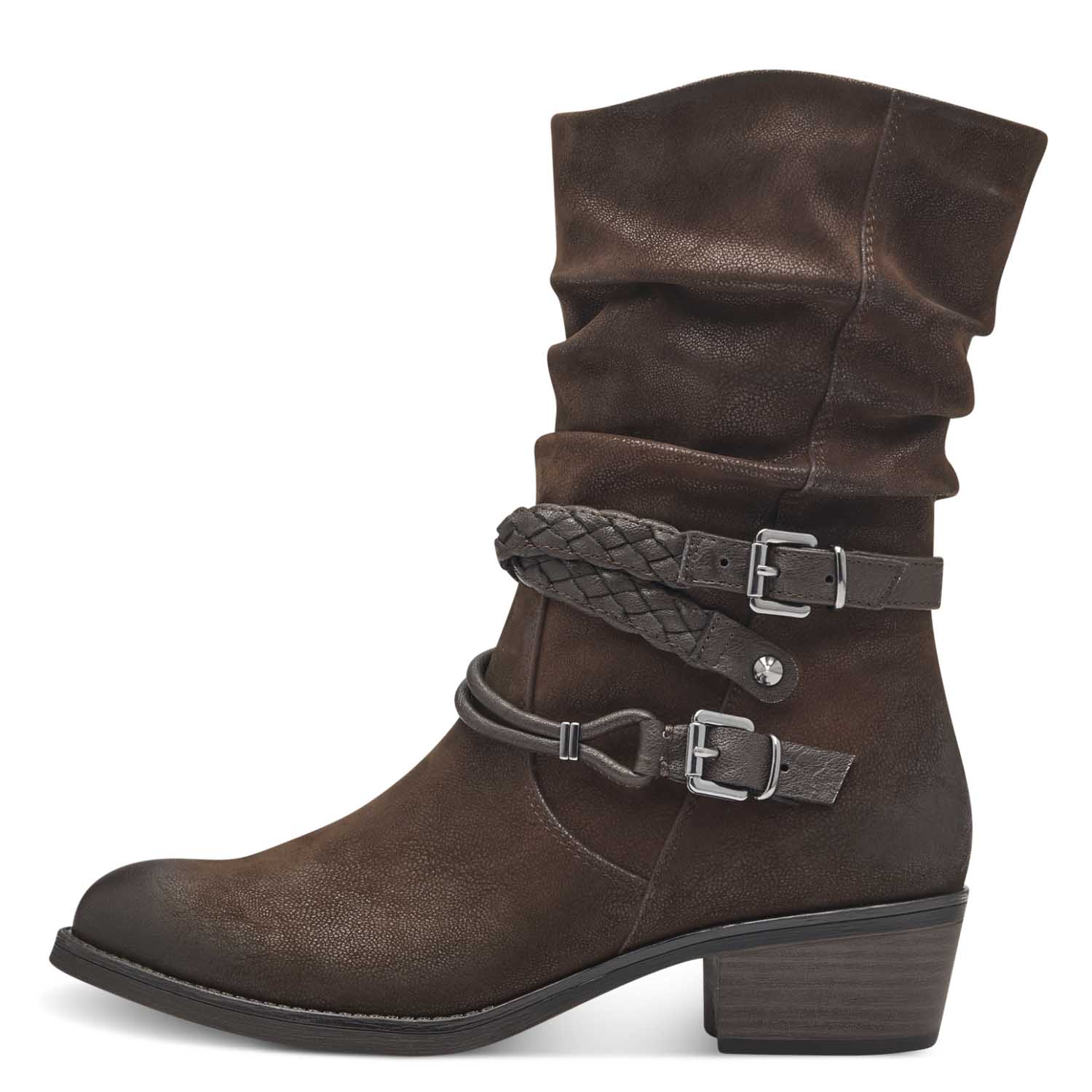 Front view of Marco Tozzi deep brown ankle boot.