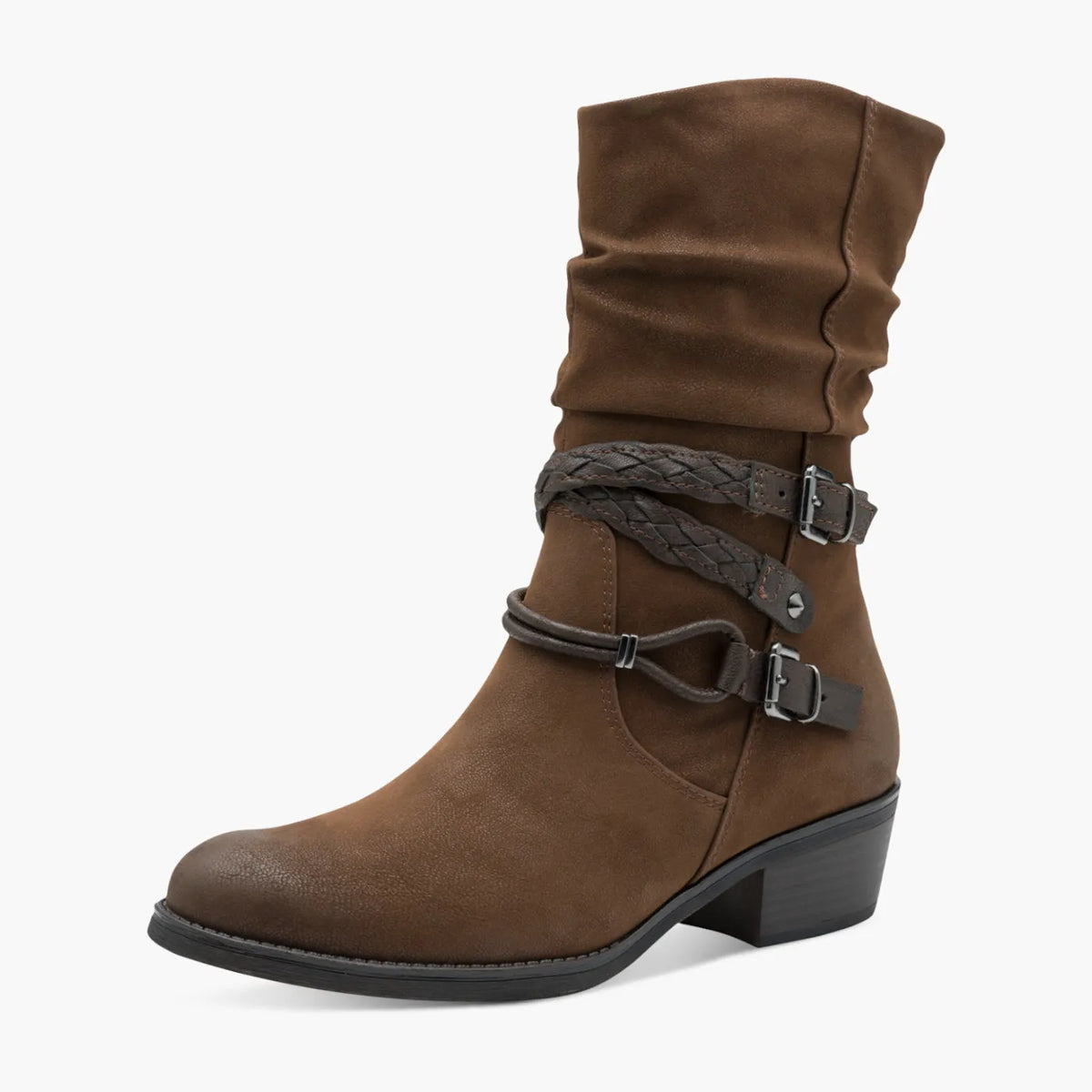 Marco Tozzi Brown Slouch Boots with Buckle Detail - Leavys Shoes