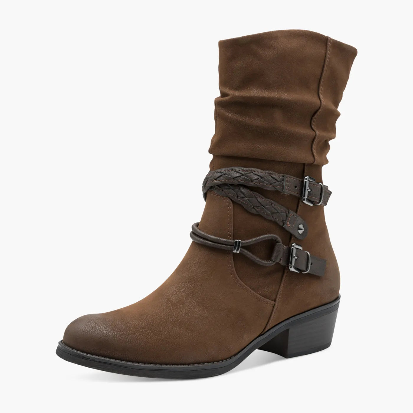 Marco Tozzi Brown Slouch Boots with Buckle Detail - Leavys Shoes