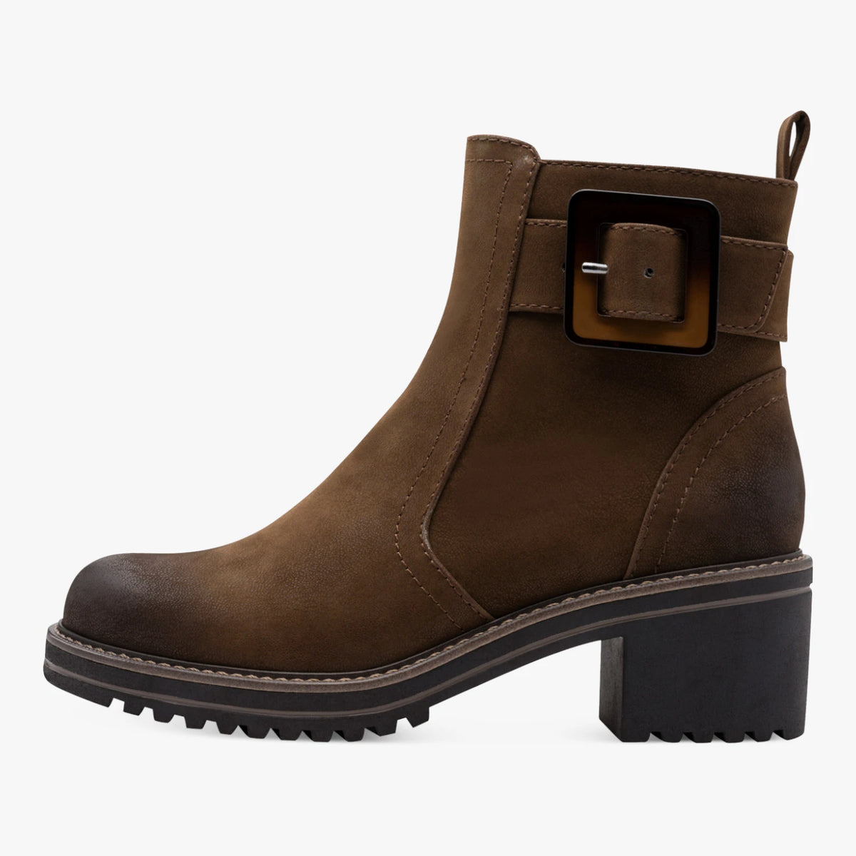 Marco Tozzi Coffee Brown Buckle Block Heel Ankle Boots