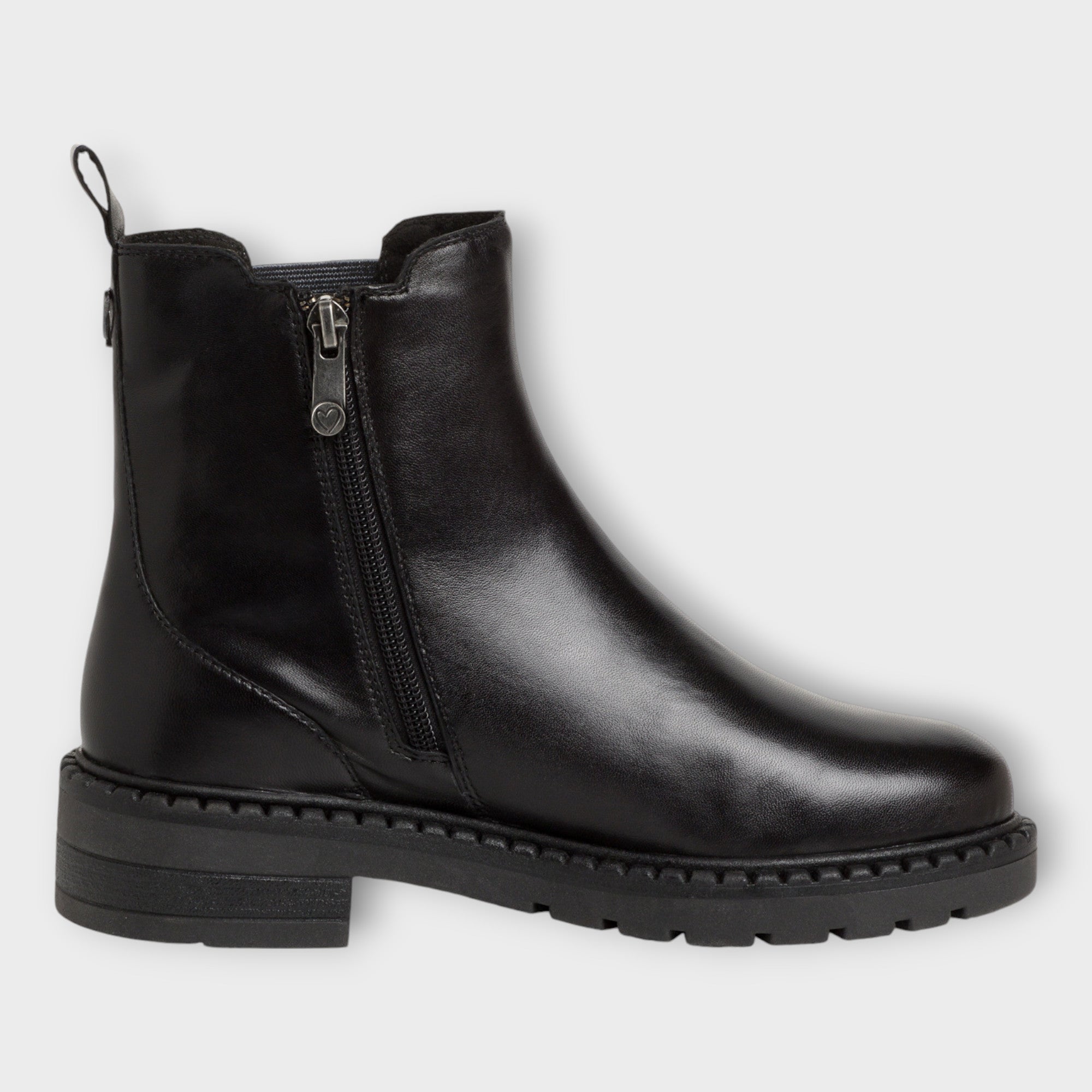 Marco Tozzi Black Leather Chelsea Boots with Side Zip and Chunky Sole