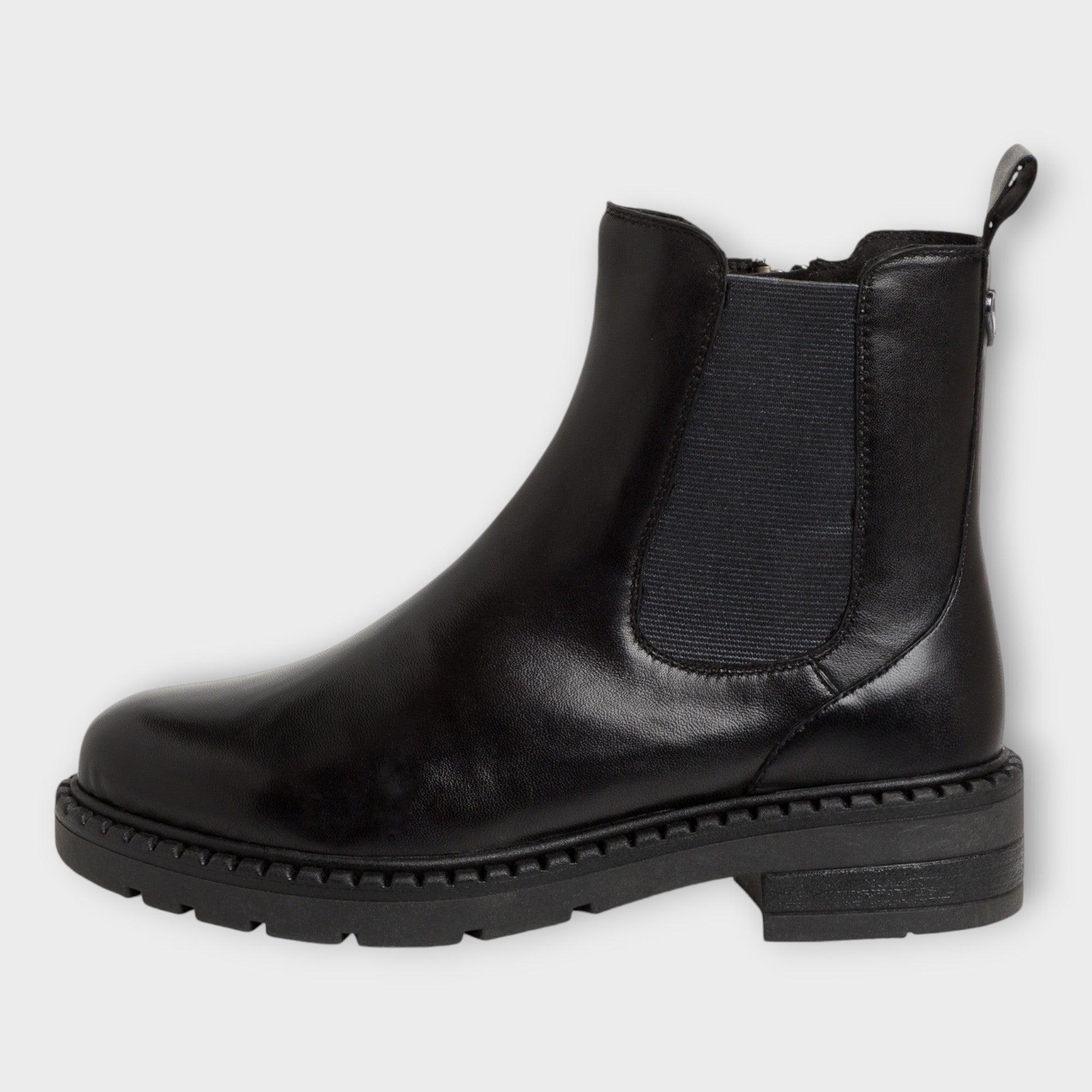 Marco Tozzi Black Leather Chelsea Boots with Side Zip and Chunky Sole - Leavys Shoes