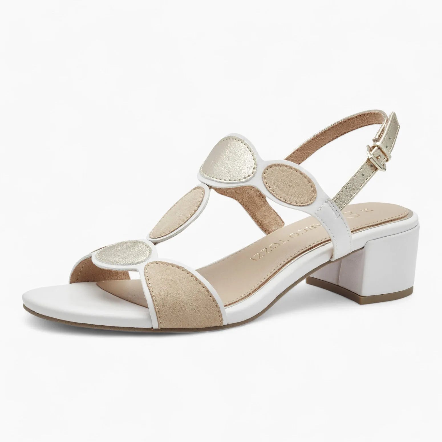 Marco Tozzi Occasion Sandal – Low Block Heel in White Combo - Leavys Shoes