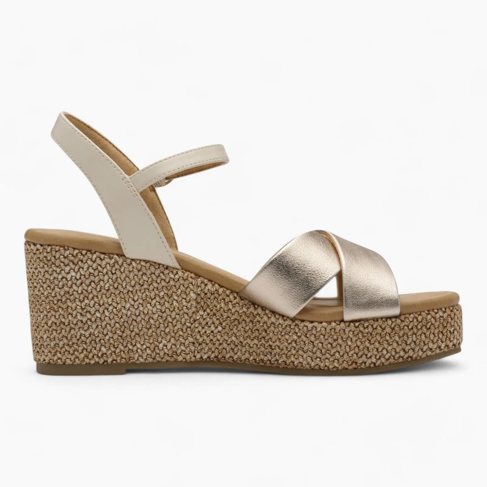 Marco Tozzi Platinum Wedge Sandal – Reflective Gold & Beige Straps - Leavys Shoes