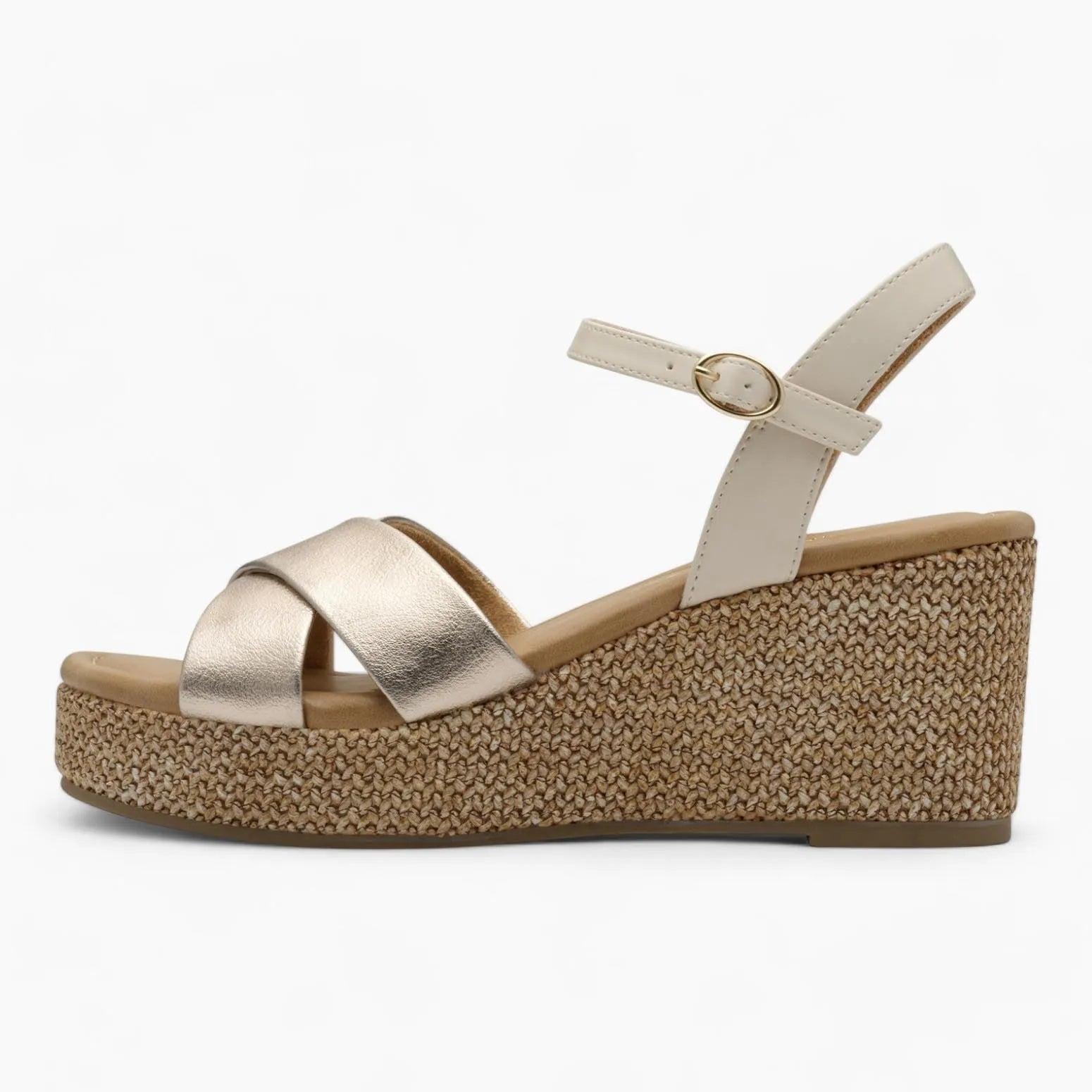 Marco Tozzi Platinum Wedge Sandal – Reflective Gold & Beige Straps - Leavys Shoes