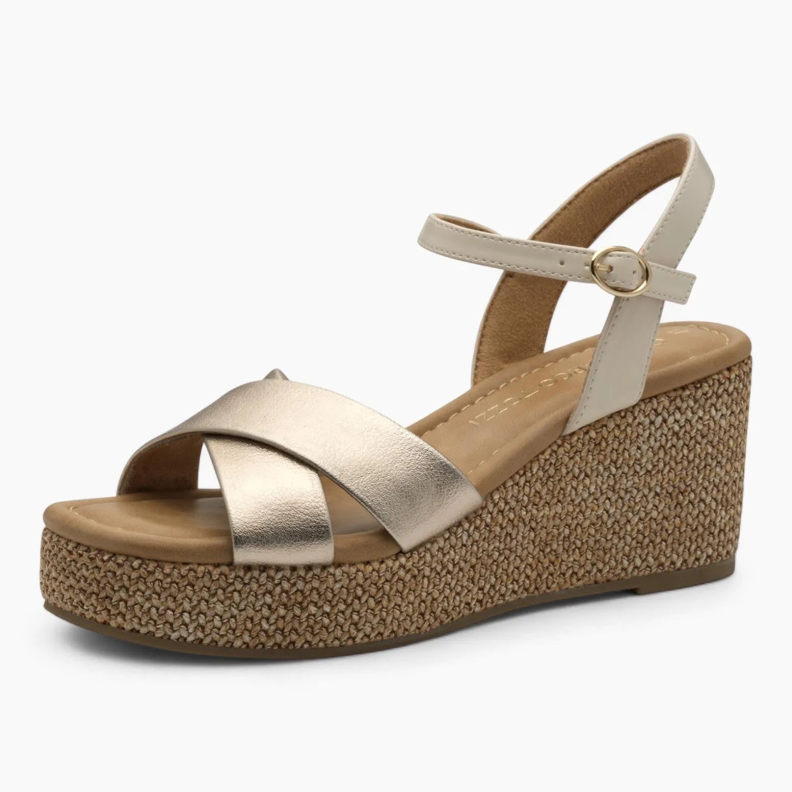Marco Tozzi Platinum Wedge Sandal – Reflective Gold & Beige Straps - Leavys Shoes