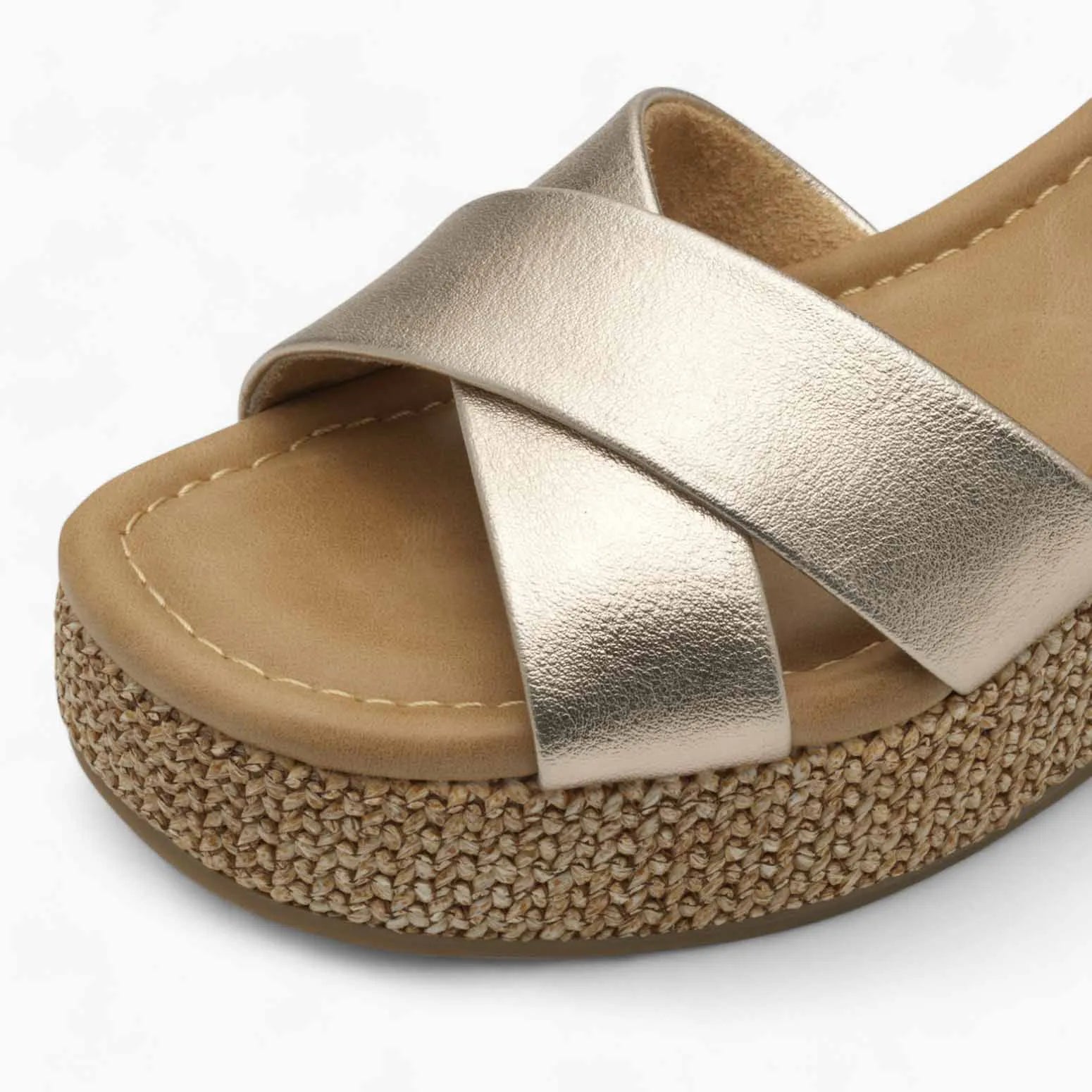 Marco Tozzi Platinum Wedge Sandal – Reflective Gold & Beige Straps - Leavys Shoes